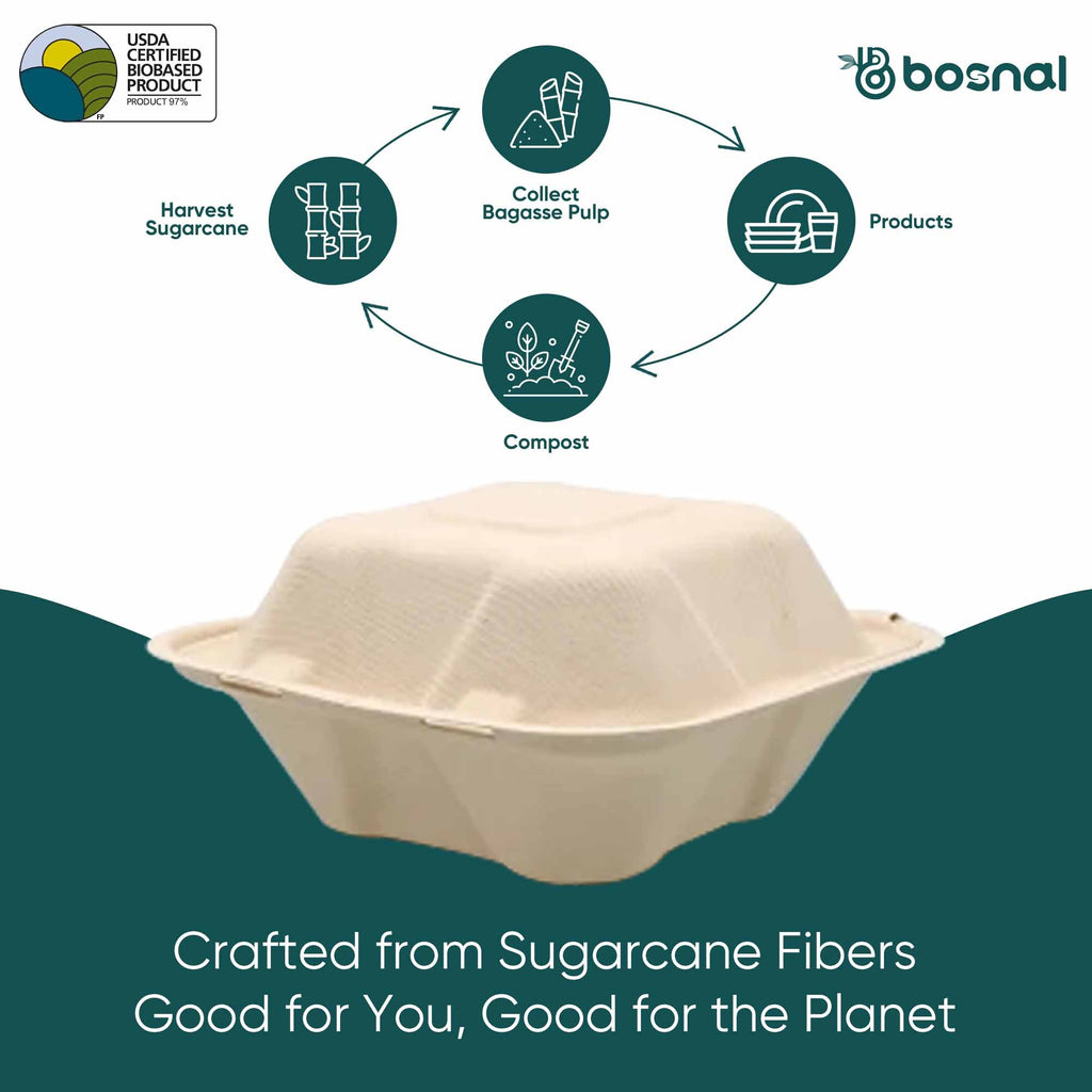 6 Inch Compostable Square Clamshell Containers, 500 Pcs, 100% Sugarcane Bagasse, Microwave Safe, BPA-Free, Eco-Friendly Takeout Boxes