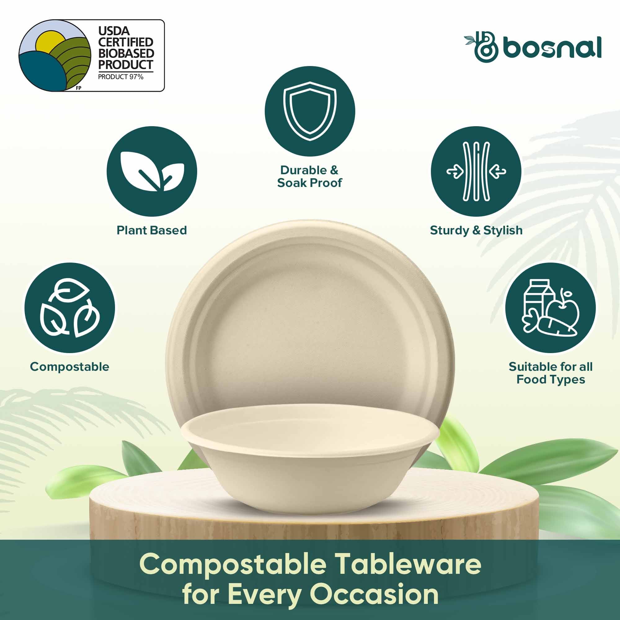 10 Inch Round Plates with 32 Oz Bowls, Sugarcane Bagasse Compostable Dinnerware, Eco-Friendly, Microwave Safe, BPA-Free