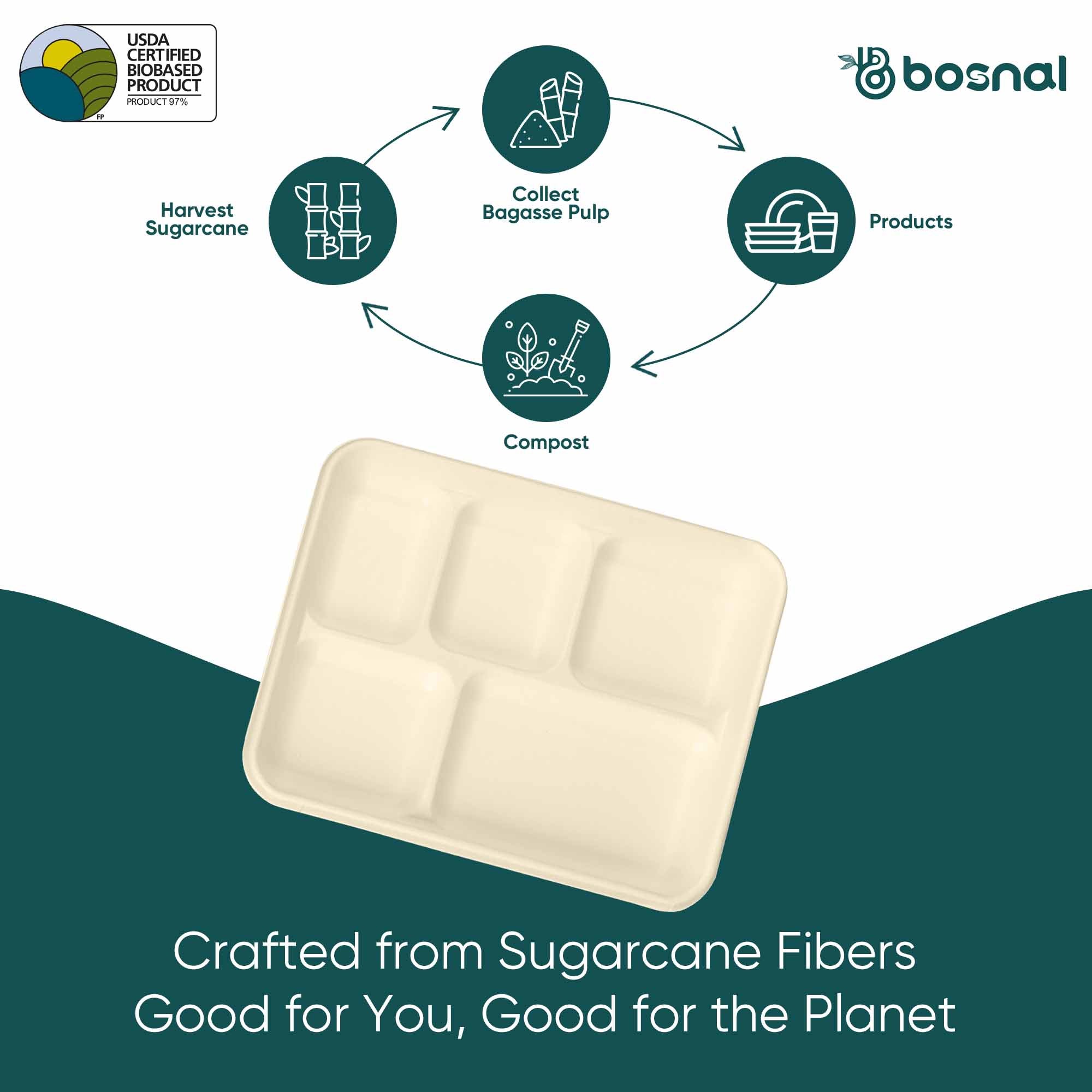 10 Inch Rectangle 5-Compartment Sugarcane Bagasse Compostable Trays, Eco-Friendly Disposable Food Trays, Microwave Safe