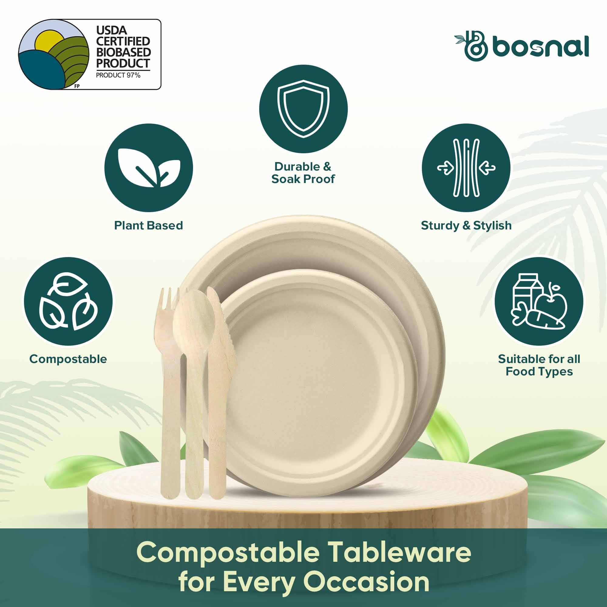 10 Inch & 7 Inch Round Plates with Cutlery, 100% Plant-Based Sugarcane Bagasse, Compostable, Microwave Safe, Eco-Friendly Dinnerware