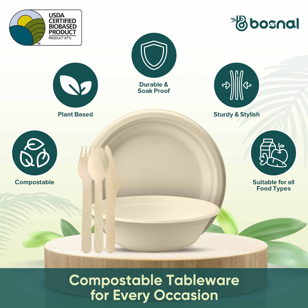 10 Inch Round Compostable Plates, 32 Oz Bowls & Cutlery, Sugarcane Bagasse Eco-Friendly Disposable Tableware