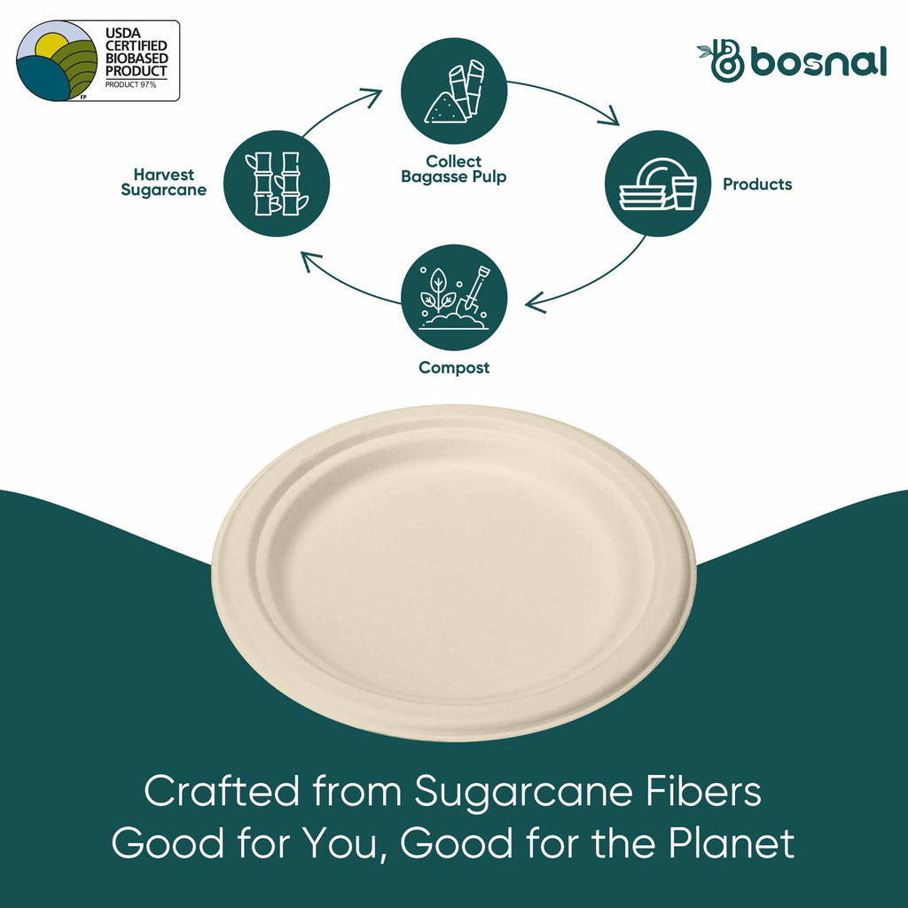 10 Inch Round Bagasse Compostable Plates – Biodegradable Sugarcane Pulp Plates, Sturdy Eco-Friendly Disposable Tableware for Parties & Events
