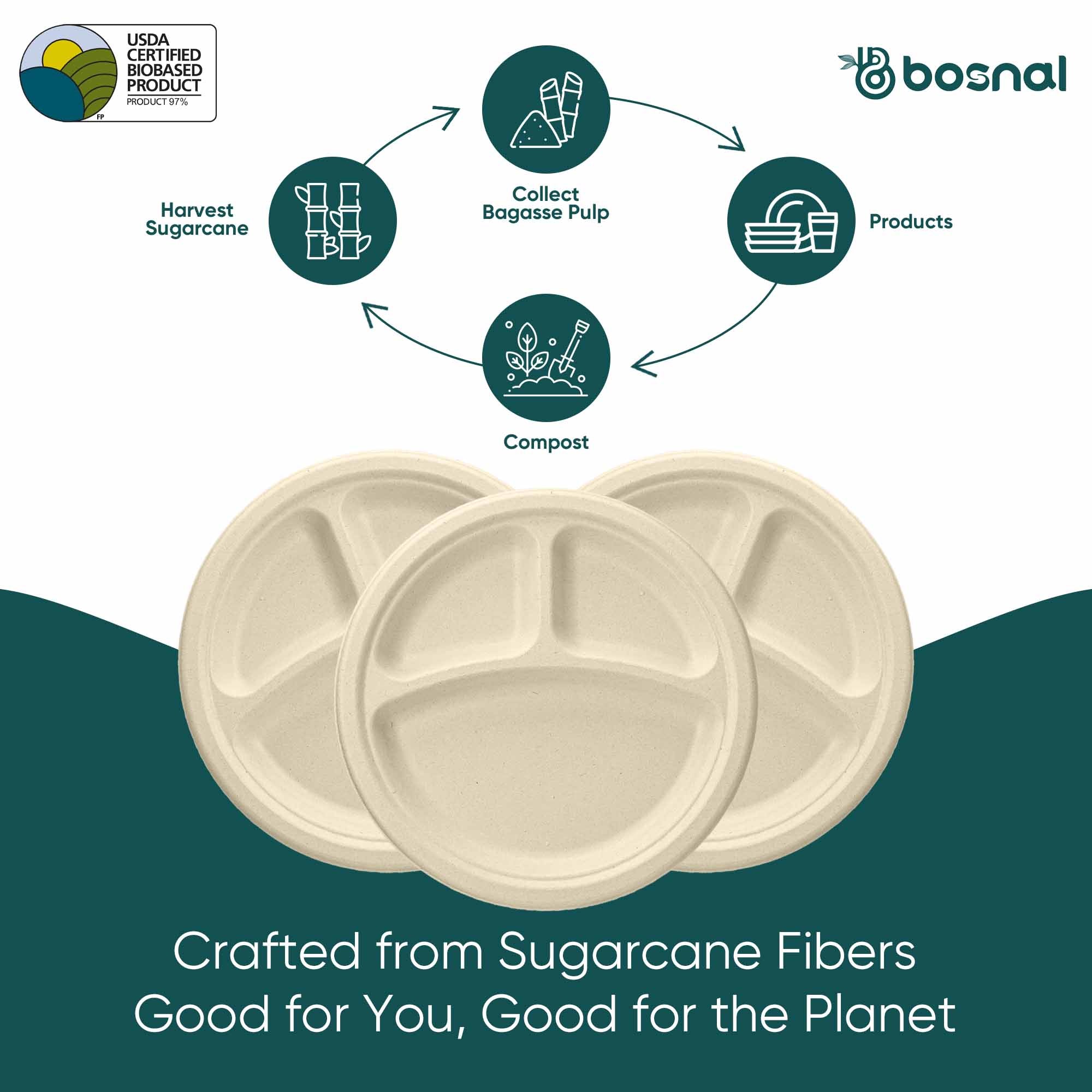 10 Inch Round 3-Compartment Compostable Plates, 100% Sugarcane Bagasse, Eco-Friendly, Microwave Safe, BPA-Free, Leak-Resistant