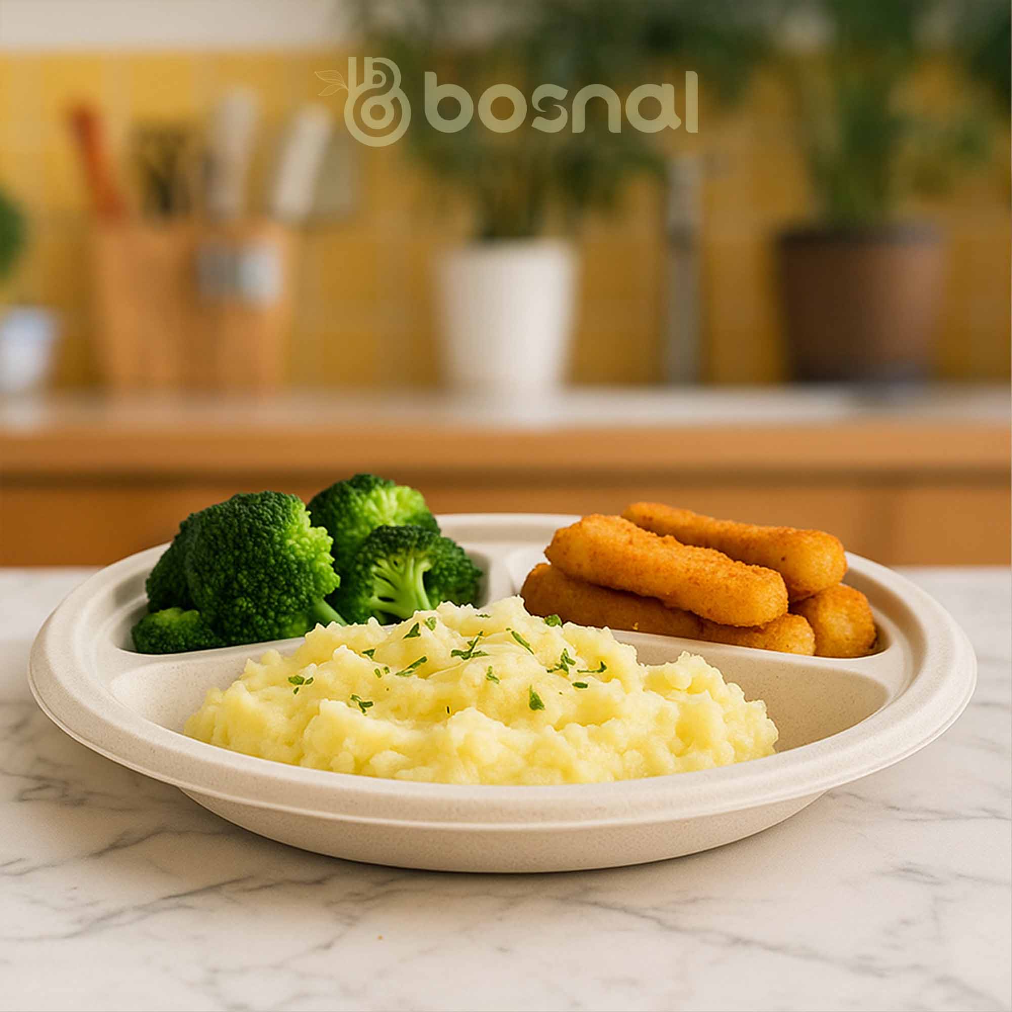 10 Inch Round 3-Compartment Compostable Plates, 500 Pcs, 100% Sugarcane Bagasse, Microwave Safe, BPA-Free, Leak-Resistant