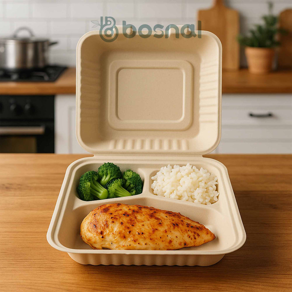 9 Inch 3-Compartment Clamshell Boxes 200 Pcs, 100% Sugarcane Bagasse, Eco-Friendly Takeout Containers, Microwave Safe, BPA-Free