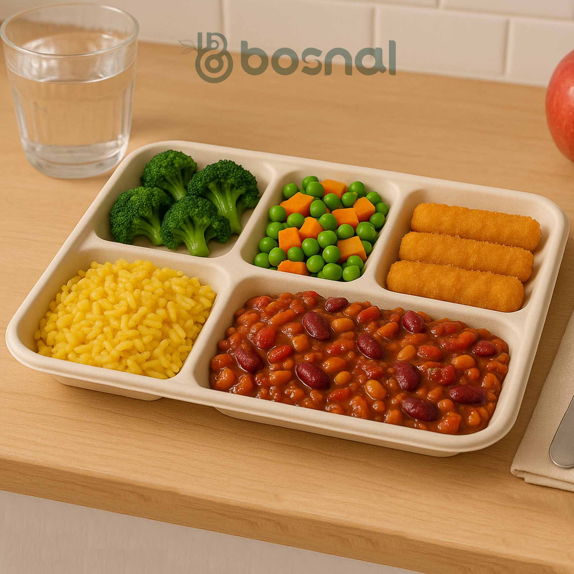 10 Inch Rectangle 5-Compartment Sugarcane Bagasse Compostable Trays, Eco-Friendly Disposable Food Trays, Microwave Safe