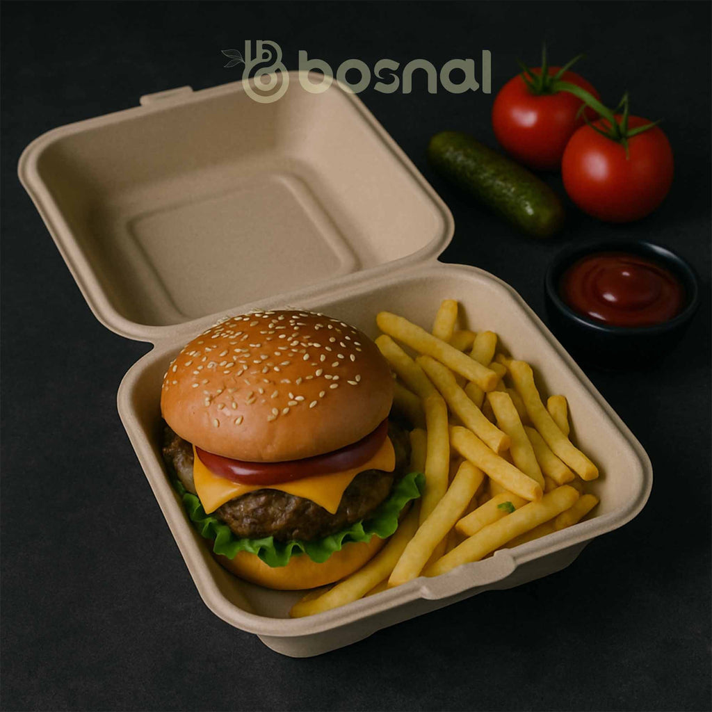 6 Inch Square Compostable Clamshell Containers, 100% Sugarcane Bagasse Takeout Boxes, Microwave Safe, Eco-Friendly, Leak-Resistant