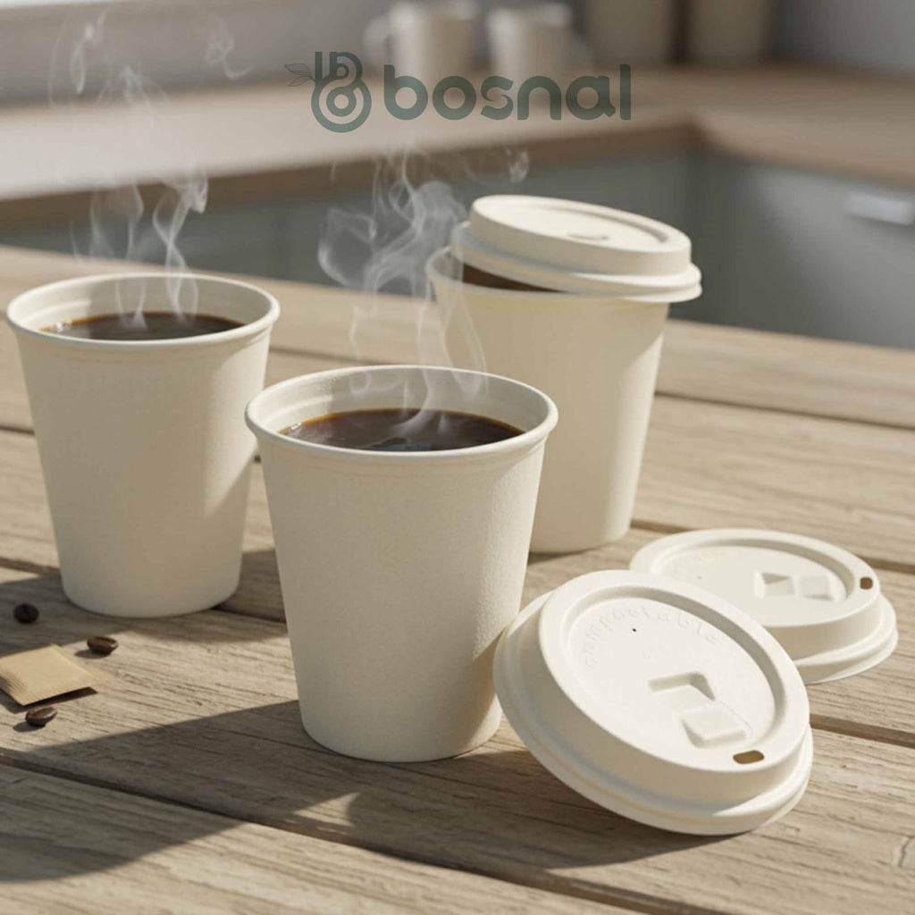 8 oz Cup Compostable Lids 500 Pcs, 100% Sugarcane Bagasse, Eco-Friendly, Plastic-Free, Secure Fit for Hot & Cold Drinks