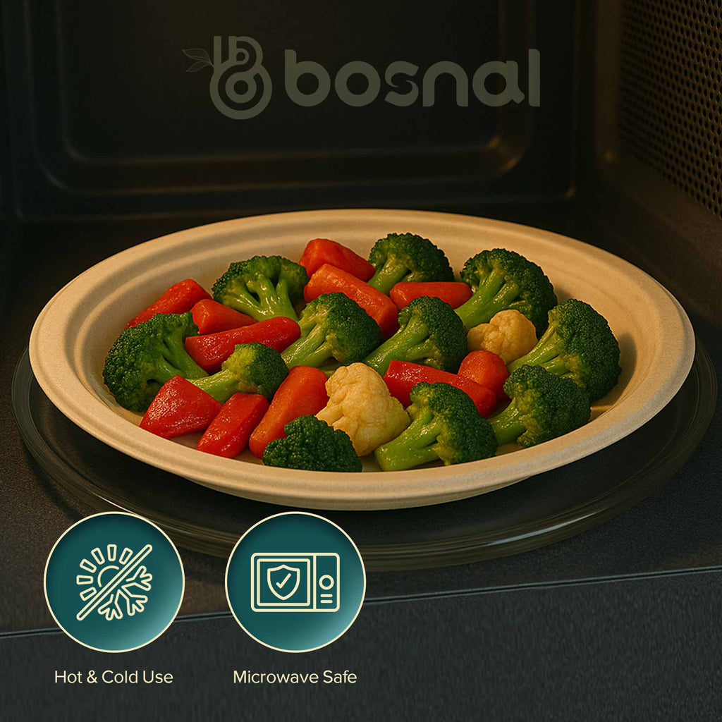 7 Inch Round Compostable Plates, 100% Sugarcane Bagasse, Eco-Friendly Disposable Plates, Microwave Safe, BPA-Free, Leak-Resistant