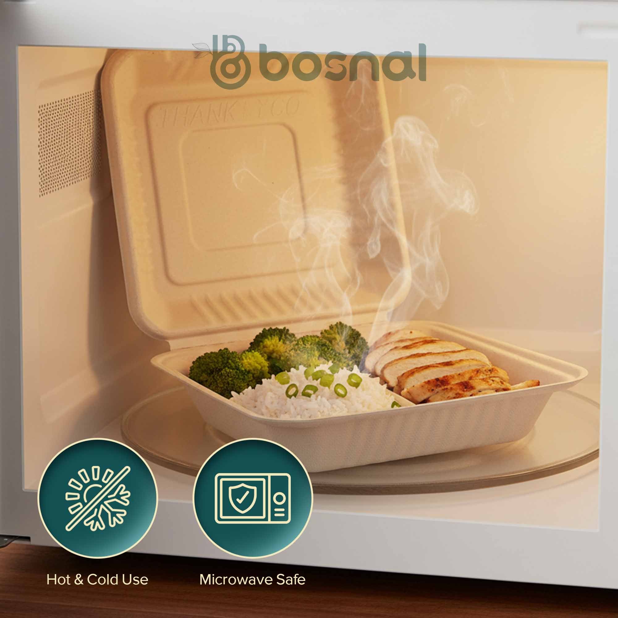 9 Inch Square 3-Compartment Sugarcane Bagasse Compostable Clamshell Boxes, Microwave Safe, Eco-Friendly, Leak-Resistant