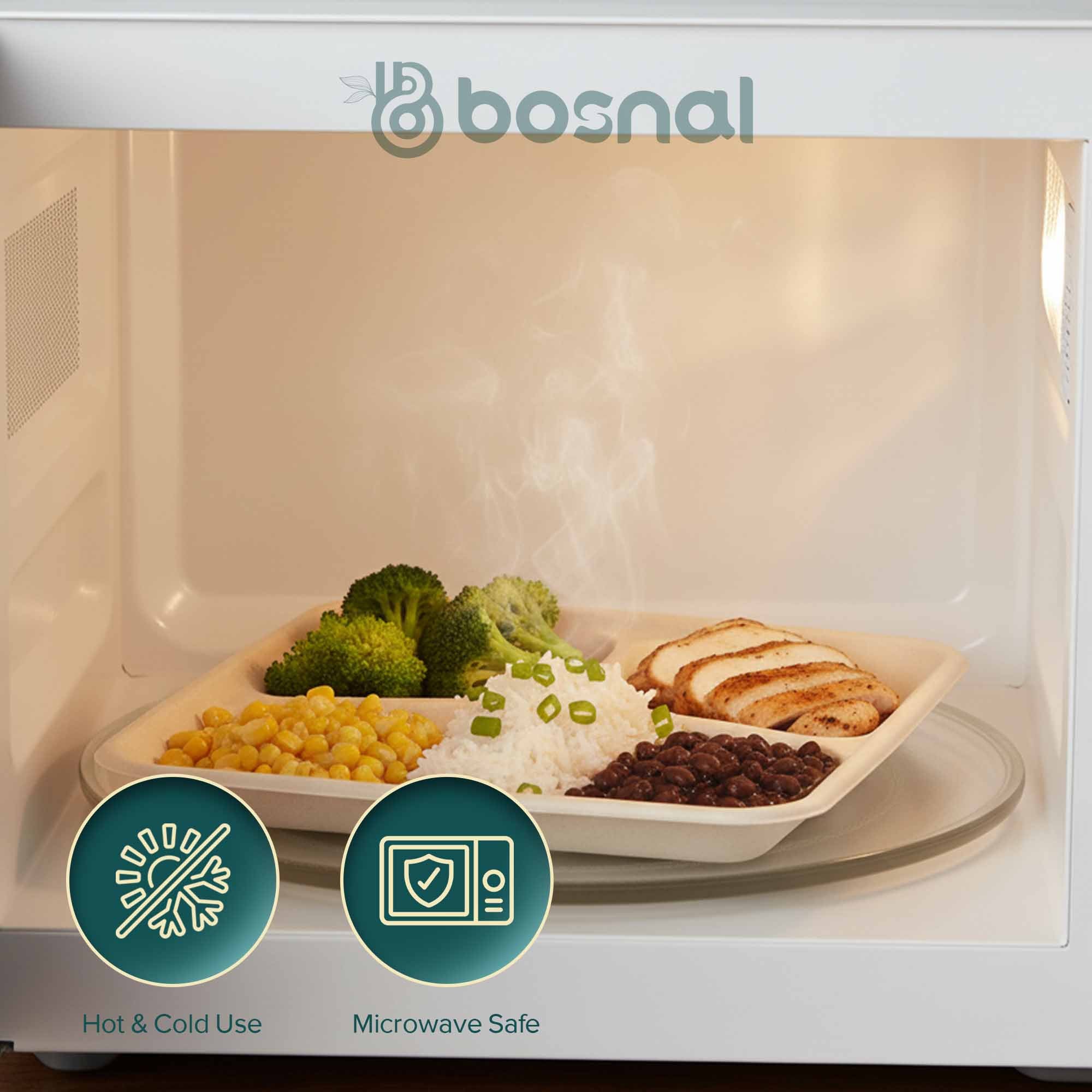 10 Inch Rectangle 5-Compartment Sugarcane Bagasse Compostable Trays, Eco-Friendly Disposable Food Trays, Microwave Safe