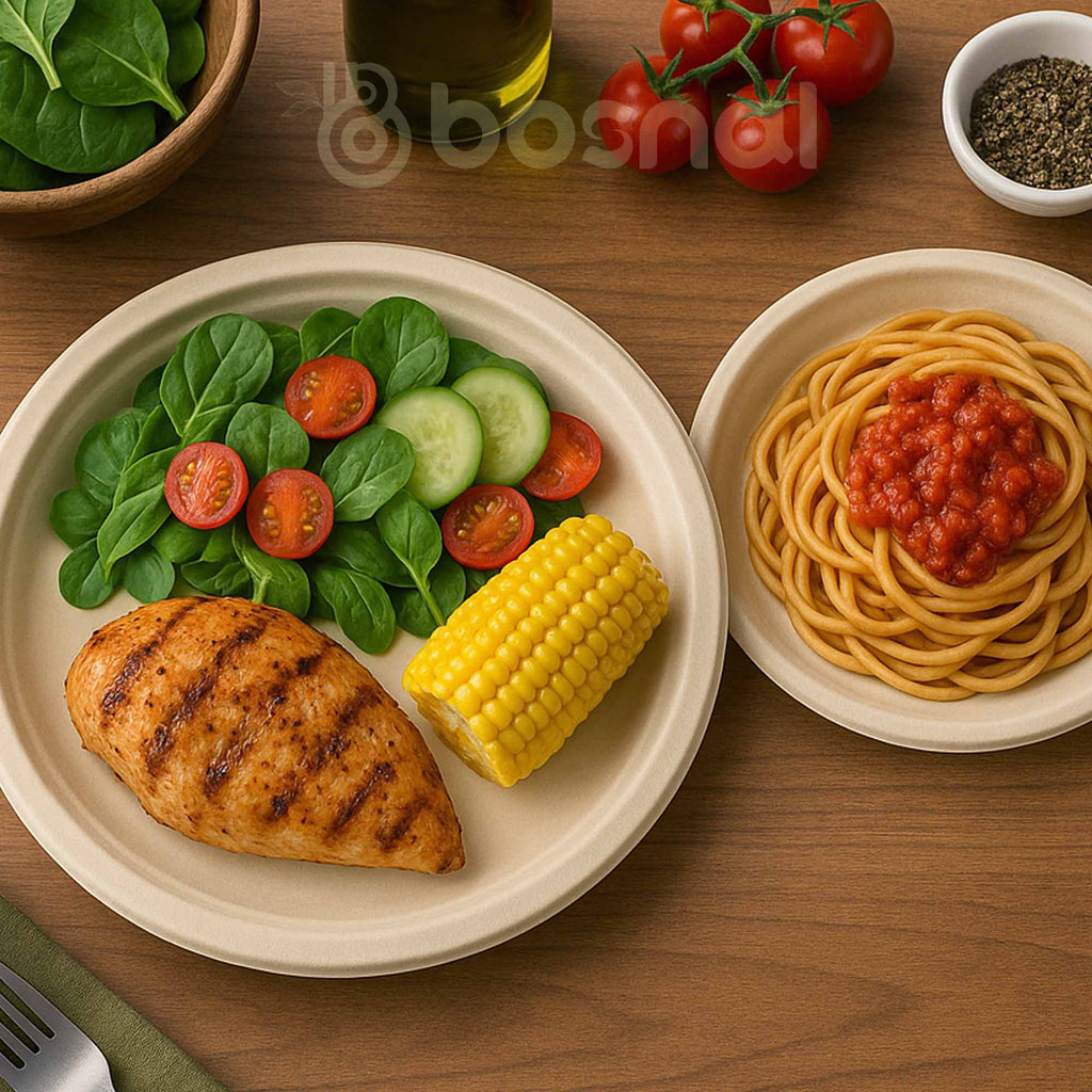 10 Inch & 7 Inch Round Plates, 100% Plant-Based Sugarcane Bagasse, Compostable, Microwave Safe, Eco-Friendly Disposable Plates