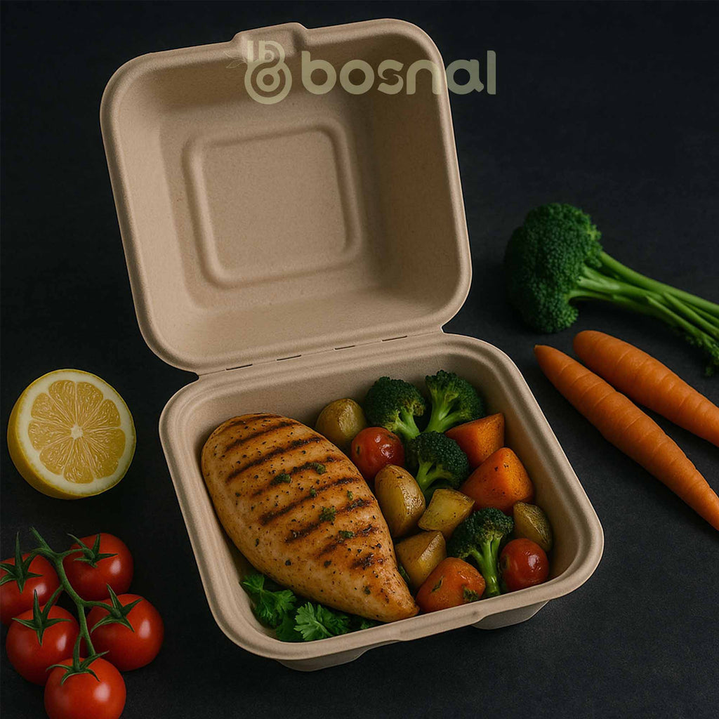 6 Inch Square Compostable Clamshell Containers, 100% Sugarcane Bagasse Takeout Boxes, Microwave Safe, Eco-Friendly, Leak-Resistant