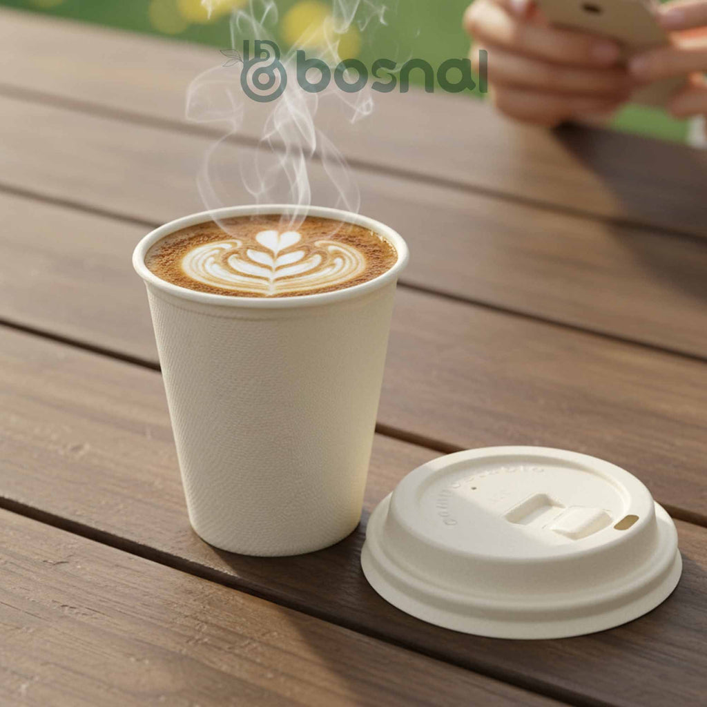 8 oz Cup Compostable Lids 500 Pcs, 100% Sugarcane Bagasse, Eco-Friendly, Plastic-Free, Secure Fit for Hot & Cold Drinks