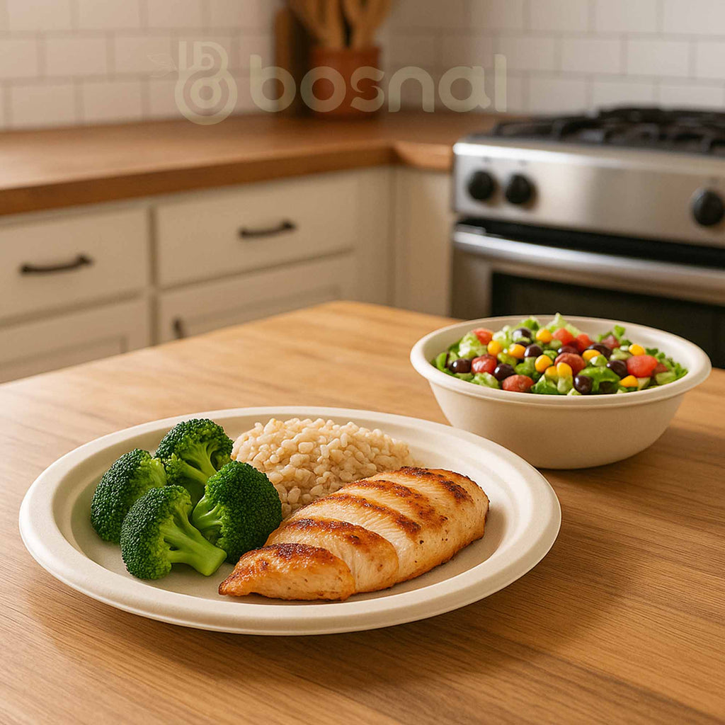 10 Inch Round Plates with 32 Oz Bowls, Sugarcane Bagasse Compostable Dinnerware, Eco-Friendly, Microwave Safe, BPA-Free