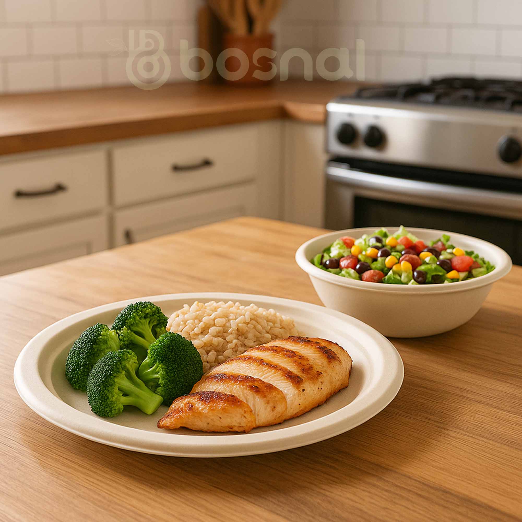 10 Inch Round Plates with 32 Oz Bowls, Sugarcane Bagasse Compostable Dinnerware, Eco-Friendly, Microwave Safe, BPA-Free