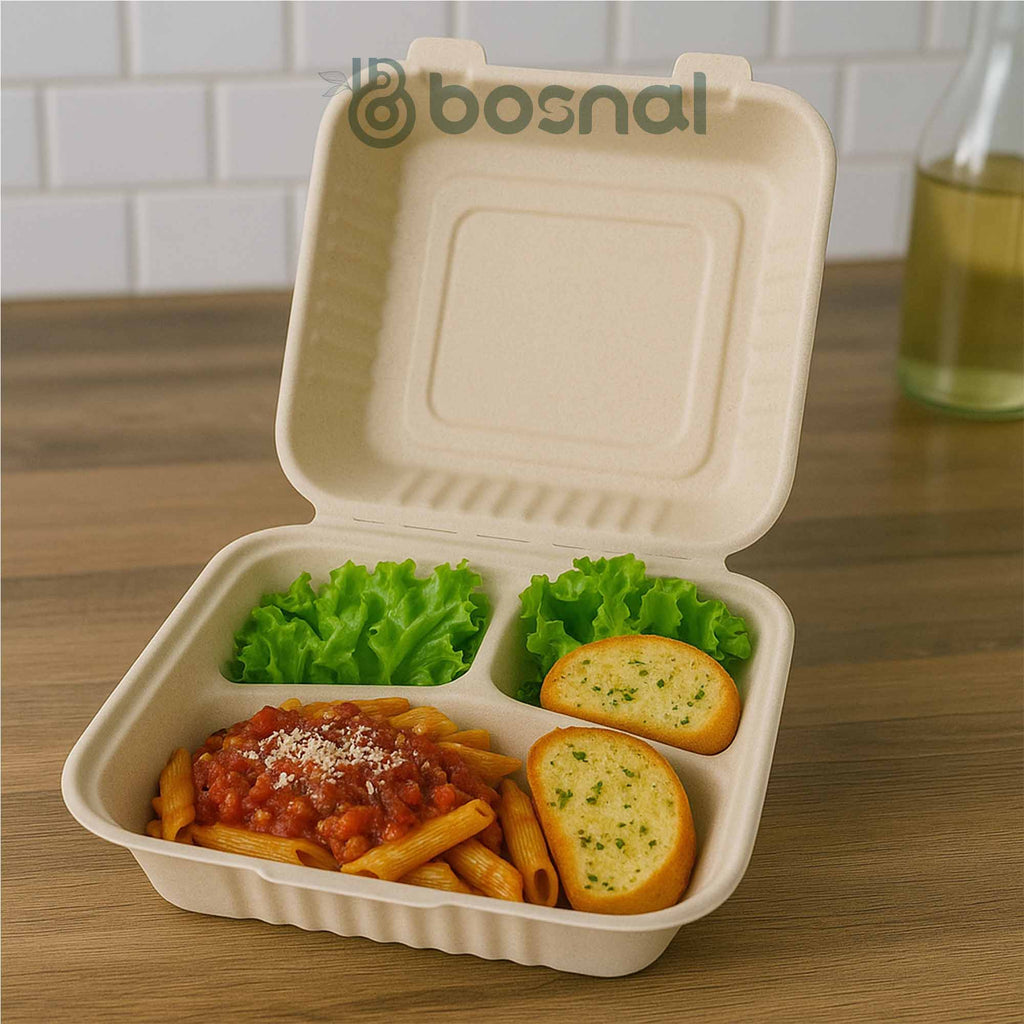 9 Inch 3-Compartment Clamshell Boxes 200 Pcs, 100% Sugarcane Bagasse, Eco-Friendly Takeout Containers, Microwave Safe, BPA-Free