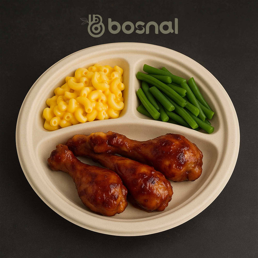 10 Inch Round 3-Compartment Compostable Plates, 100% Sugarcane Bagasse, Eco-Friendly, Microwave Safe, BPA-Free, Leak-Resistant
