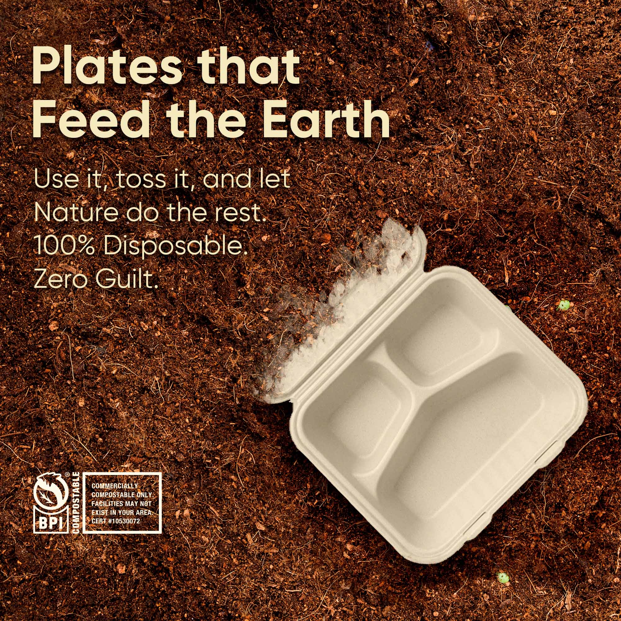 9 Inch Square 3-Compartment Sugarcane Bagasse Compostable Clamshell Boxes, Microwave Safe, Eco-Friendly, Leak-Resistant