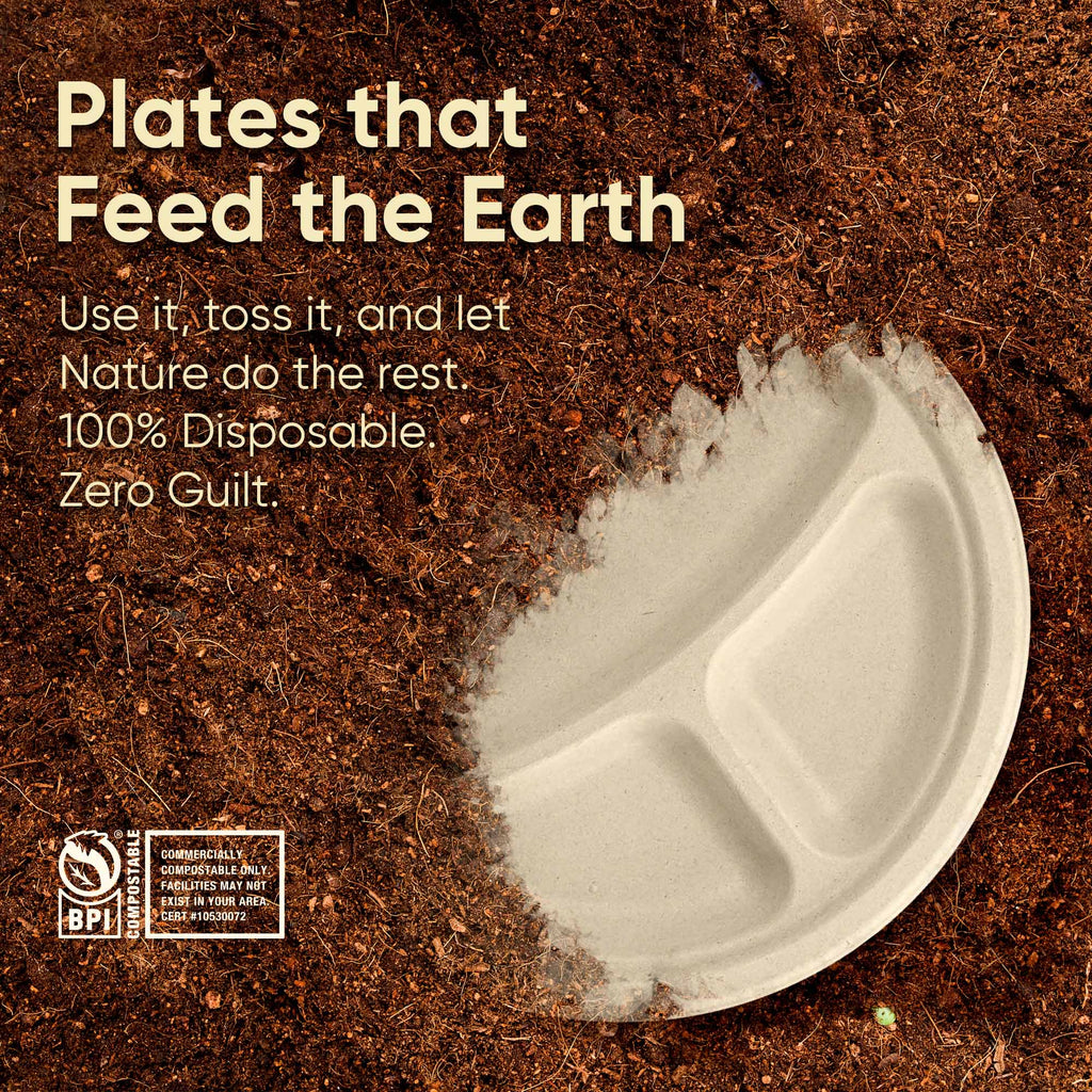 10 Inch Round 3-Compartment Compostable Plates, 100% Sugarcane Bagasse, Eco-Friendly, Microwave Safe, BPA-Free, Leak-Resistant