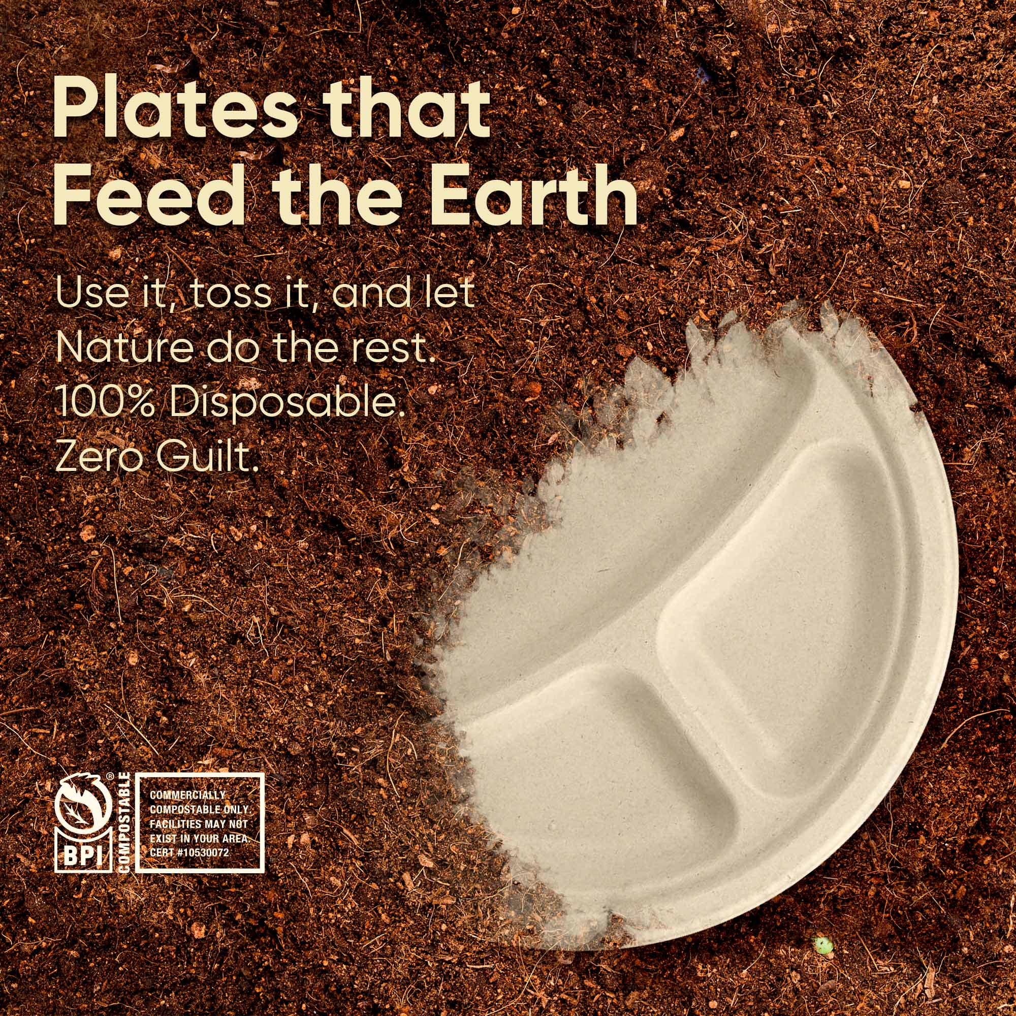 10 Inch Round 3-Compartment Compostable Plates, 500 Pcs, 100% Sugarcane Bagasse, Microwave Safe, BPA-Free, Leak-Resistant