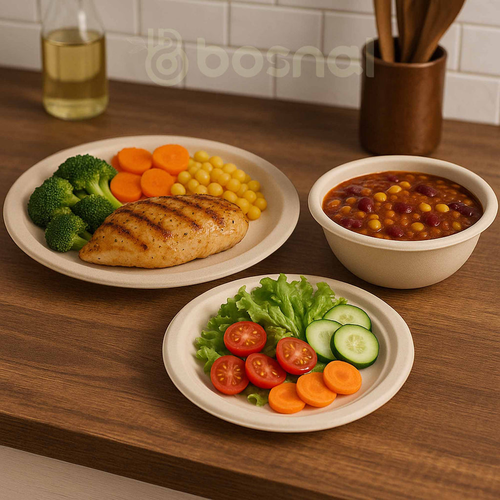 10 Inch & 7 Inch Round Plates with 32 oz Bowls, 100% Plant-Based Sugarcane Bagasse, Compostable, Microwave Safe Dinnerware