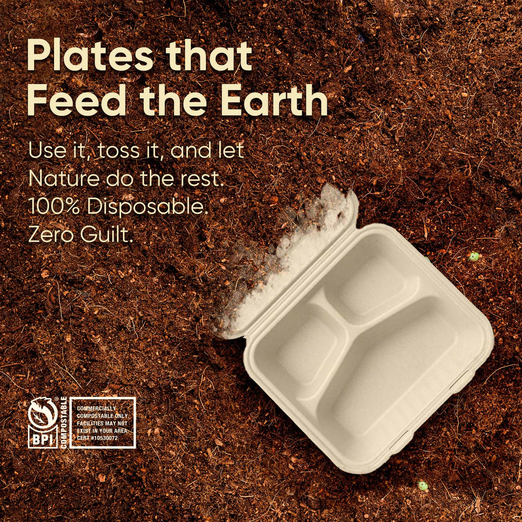 9 Inch 3-Compartment Clamshell Boxes 200 Pcs, 100% Sugarcane Bagasse, Eco-Friendly Takeout Containers, Microwave Safe, BPA-Free