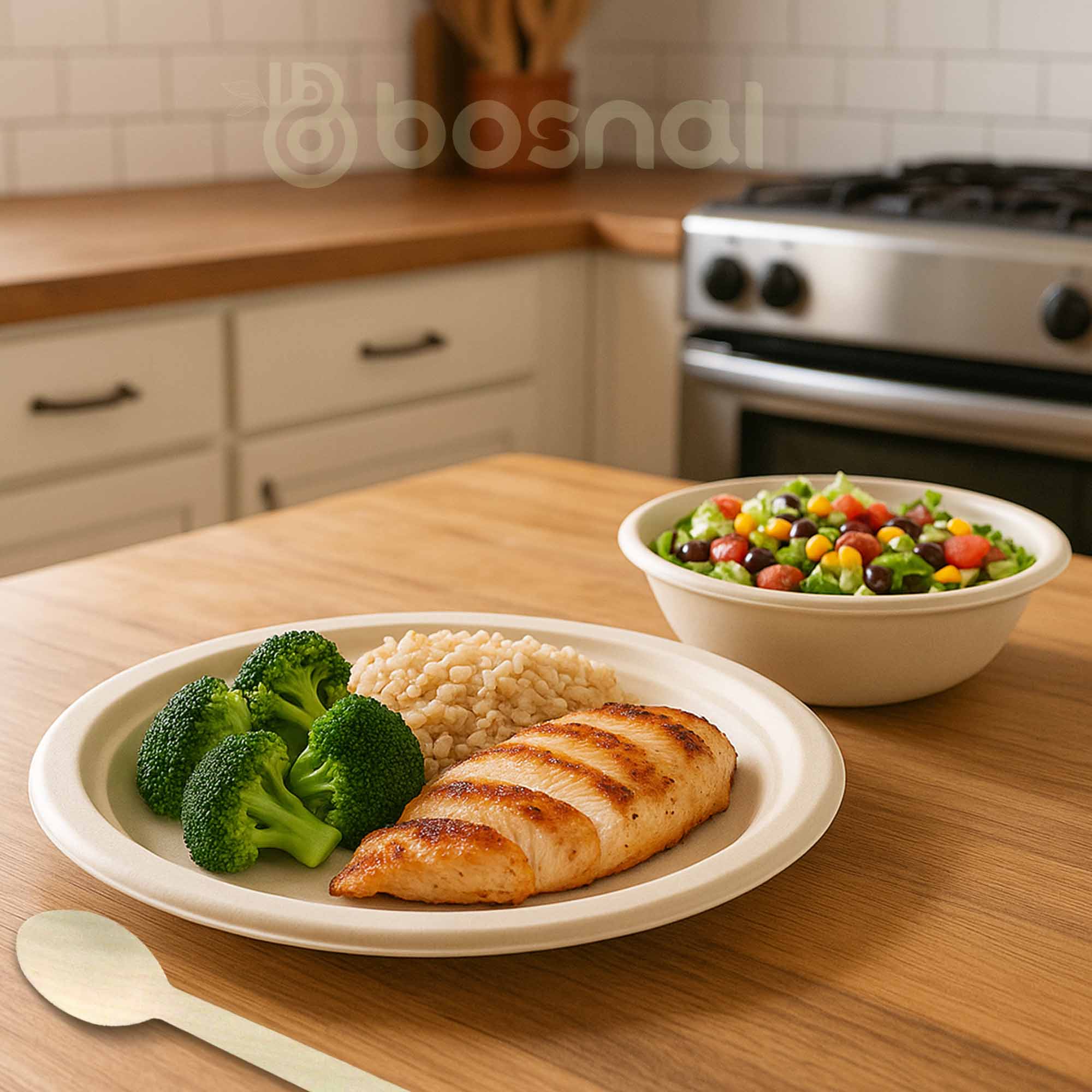 10 Inch Round Compostable Plates, 32 Oz Bowls & Cutlery, Sugarcane Bagasse Eco-Friendly Disposable Tableware