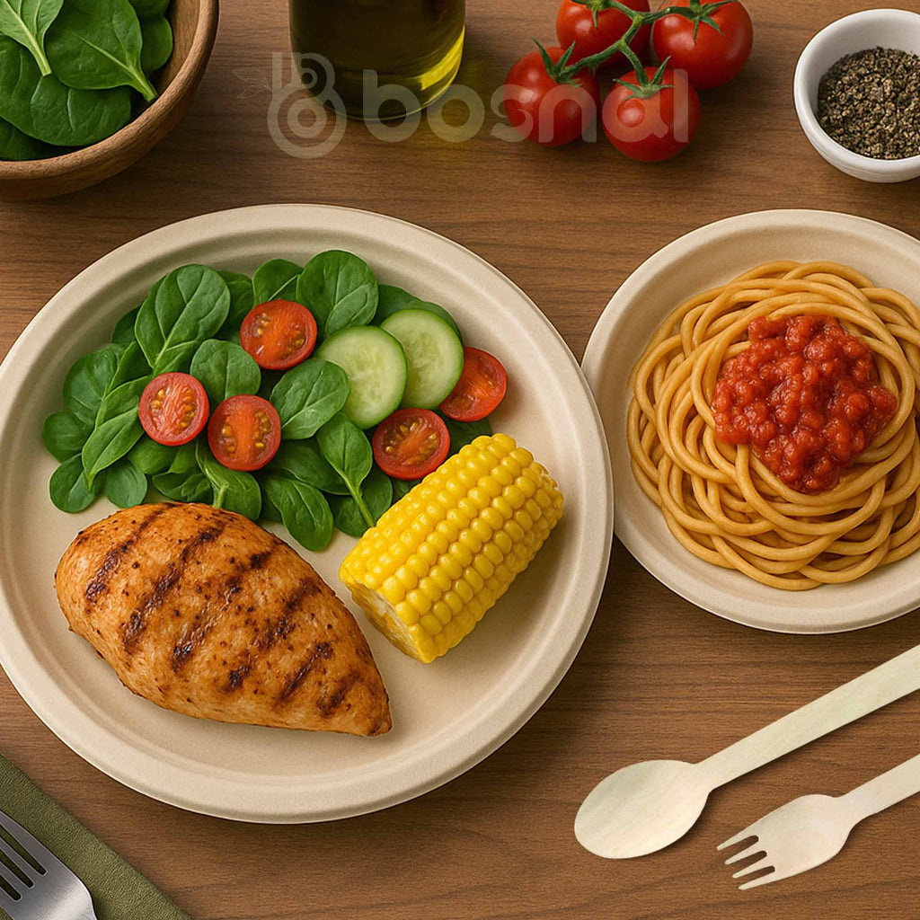10 Inch & 7 Inch Round Plates with Cutlery, 100% Plant-Based Sugarcane Bagasse, Compostable, Microwave Safe, Eco-Friendly Dinnerware