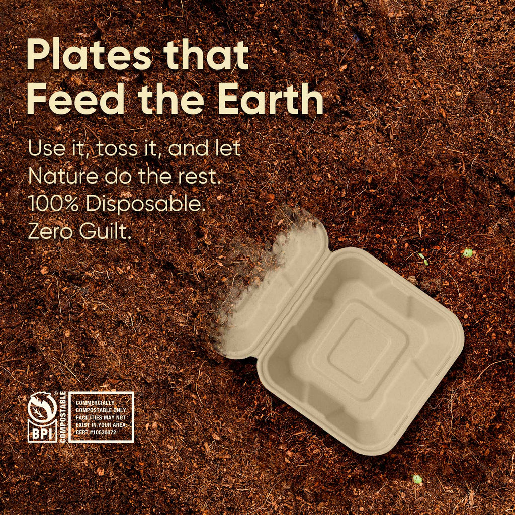 6 Inch Square Compostable Clamshell Containers, 100% Sugarcane Bagasse Takeout Boxes, Microwave Safe, Eco-Friendly, Leak-Resistant