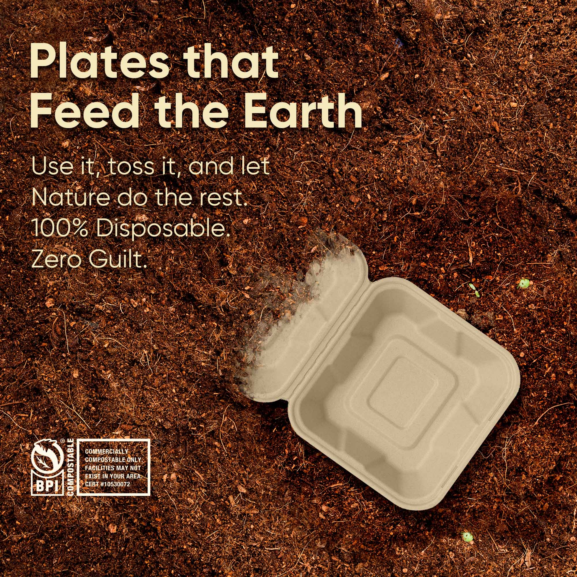 6 Inch Square Compostable Clamshell Containers, 100% Sugarcane Bagasse Takeout Boxes, Microwave Safe, Eco-Friendly, Leak-Resistant
