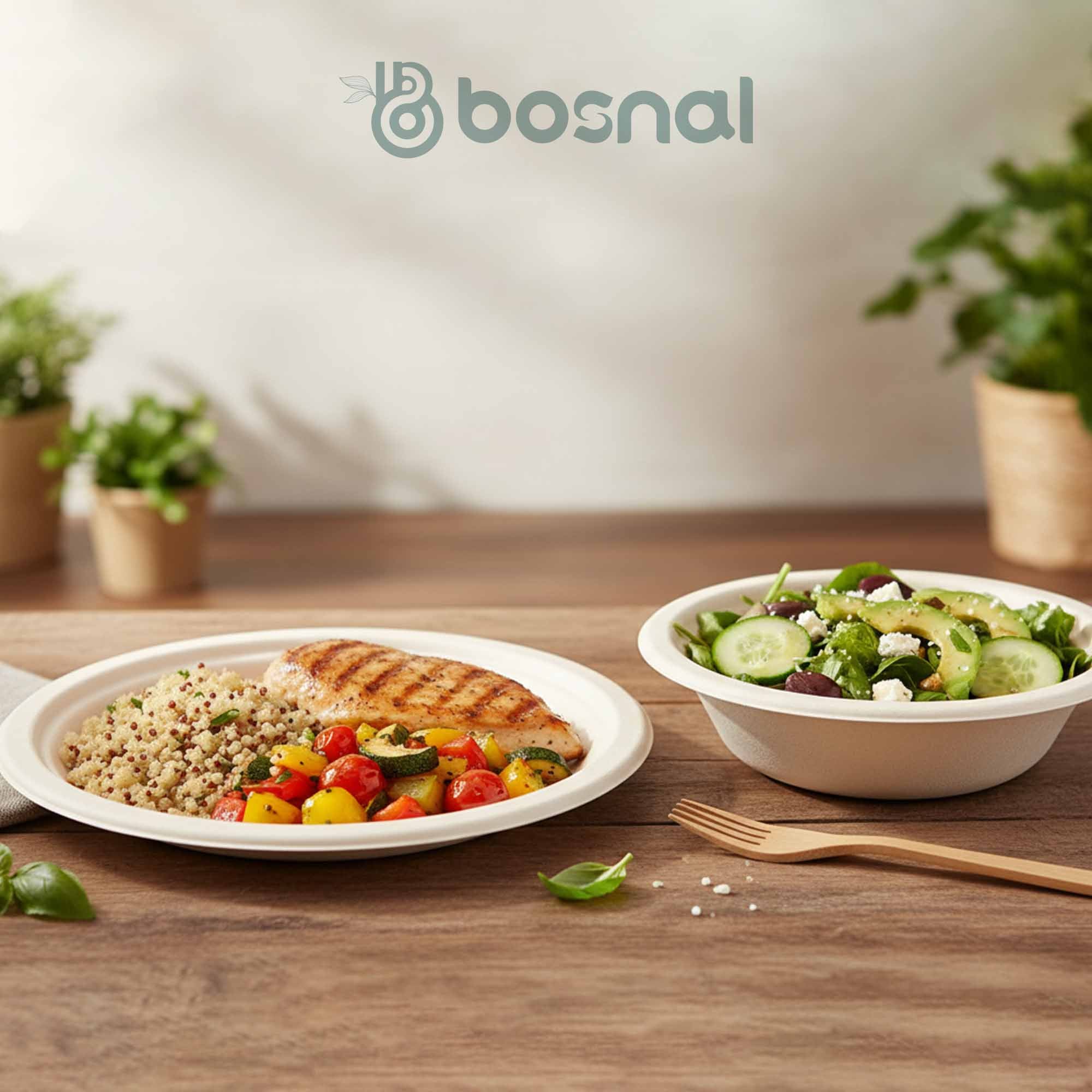 10 Inch Round Plates with 16 Oz Bowls & Cutlery, 100% Plant-Based Sugarcane Bagasse, Compostable, Eco-Friendly, Microwave Safe