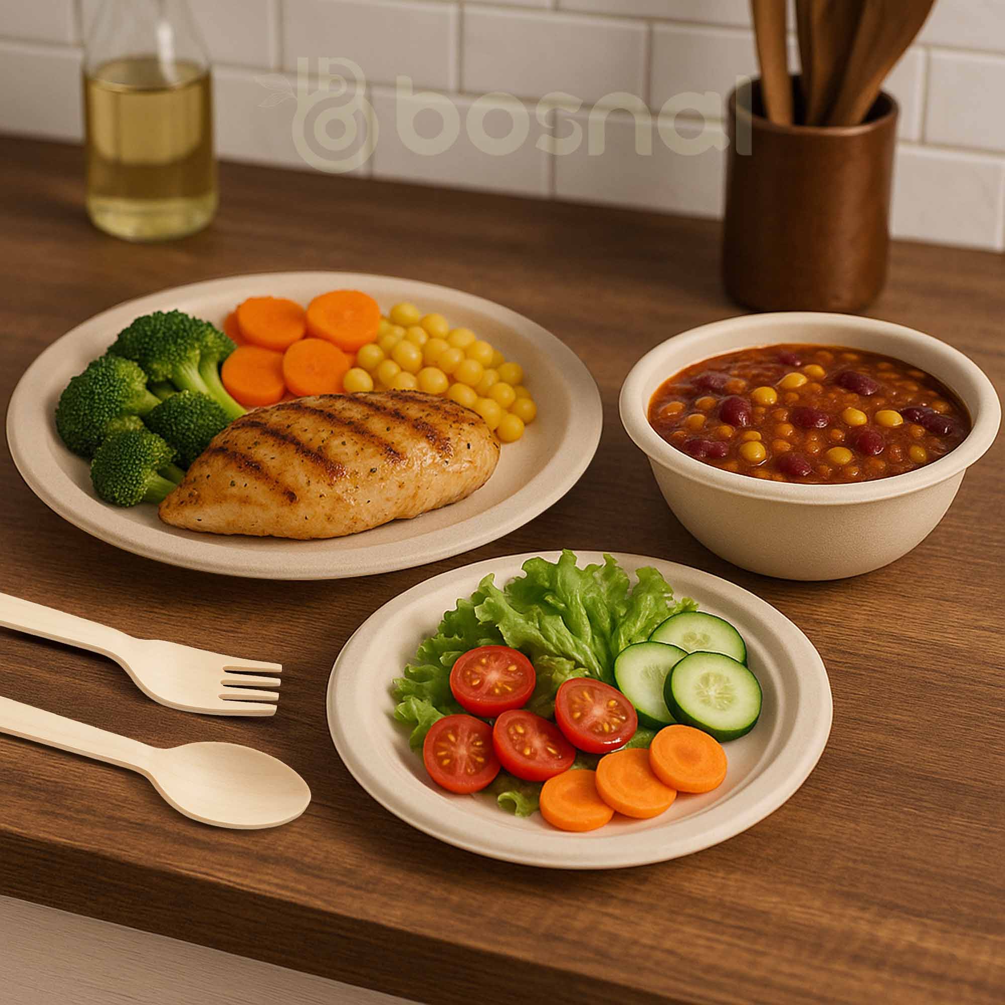 10 Inch & 7 Inch Round Plates with 32 oz Bowls, 100% Plant-Based Sugarcane Bagasse, Compostable, Microwave Safe Dinnerware