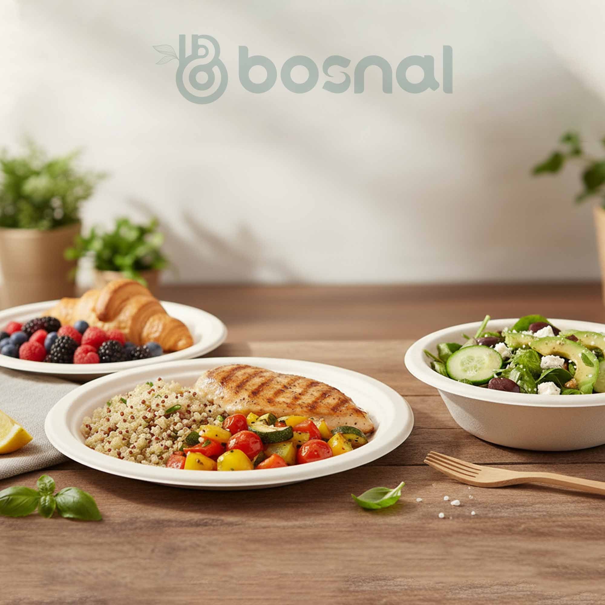 10 Inch & 7 Inch Round Plates with 16 oz Bowls & Cutlery, 100% Plant-Based Sugarcane Bagasse, Compostable, Microwave Safe