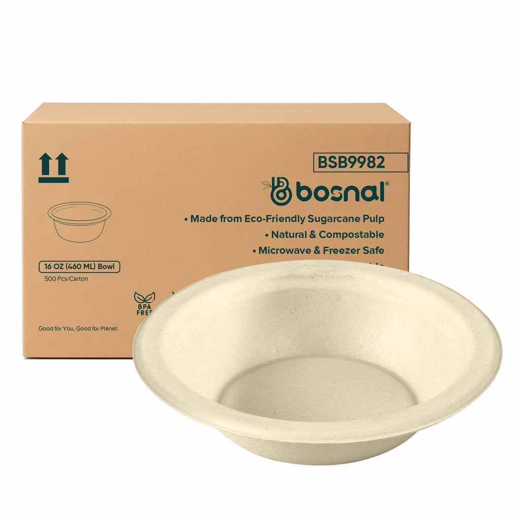 16 Oz Round Bagasse Compostable Bowls – 500 Pcs, 100% Sugarcane Pulp, Biodegradable, Durable for Hot & Cold Foods, Microwave Safe