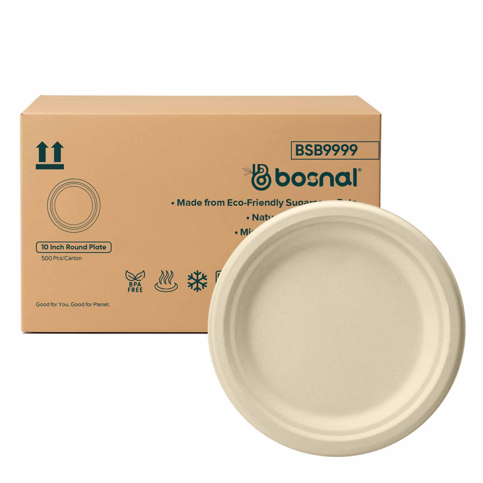 10 Inch Round Compostable Plates – 500 Pcs, 100% Sugarcane Bagasse, Eco-Friendly Disposable Plates for Hot & Cold Meals, Microwave Safe, BPA-Free, Sturdy