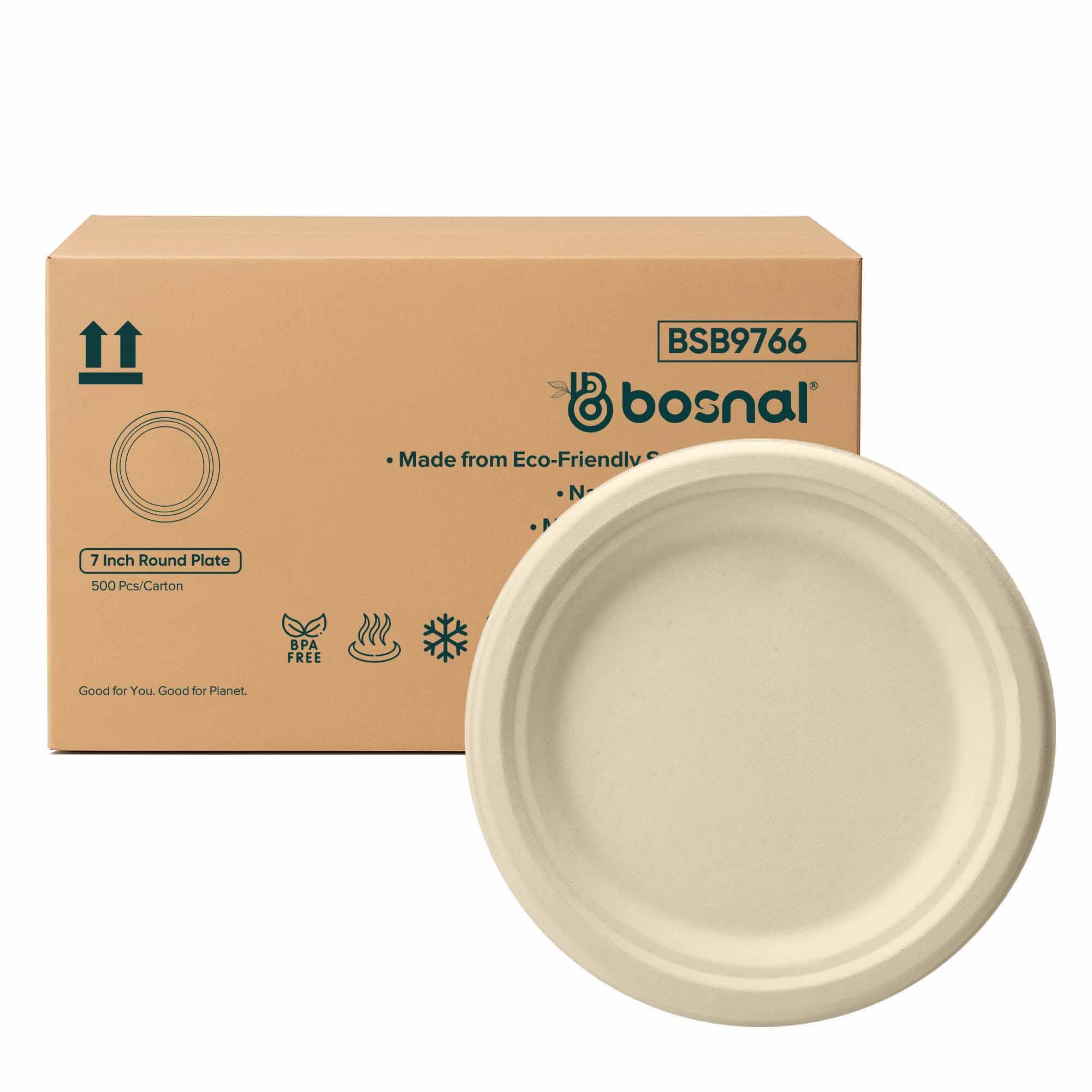 7 Inch Round Compostable Plates – 500 Pcs, 100% Sugarcane Bagasse, Eco-Friendly Disposable Plates for Hot & Cold Meals, Microwave Safe, BPA-Free, Sturdy