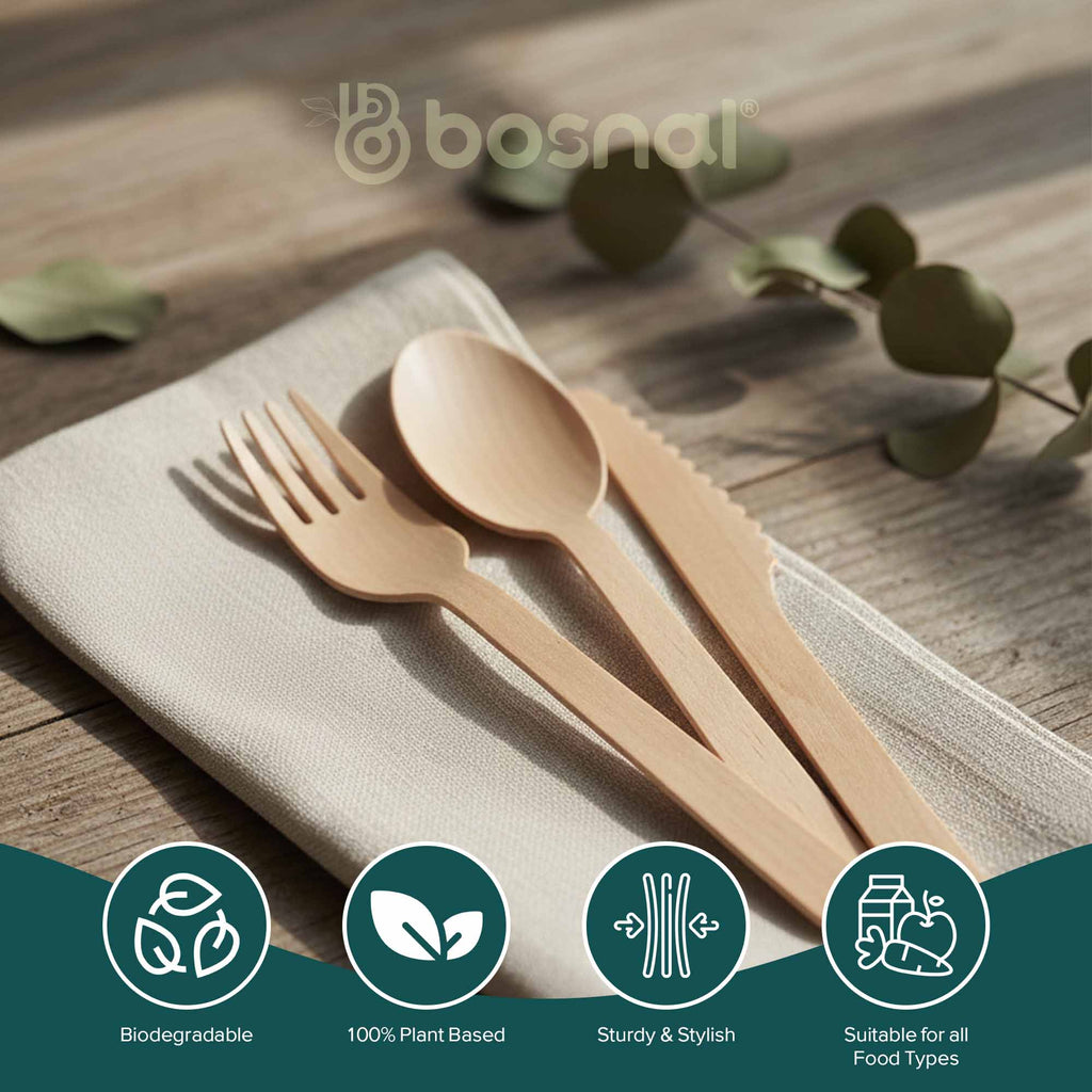 Bosnal – Wooden Disposable Cutlery Set, 6.5 inch, 100 Pcs, Birch Wood Spoons, Forks & Knives