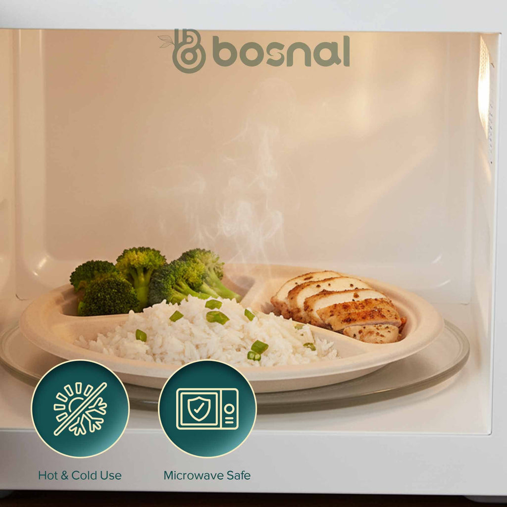 10 Inch Round 3-Compartment Compostable Plates, 100% Sugarcane Bagasse, Eco-Friendly, Microwave Safe, BPA-Free, Leak-Resistant