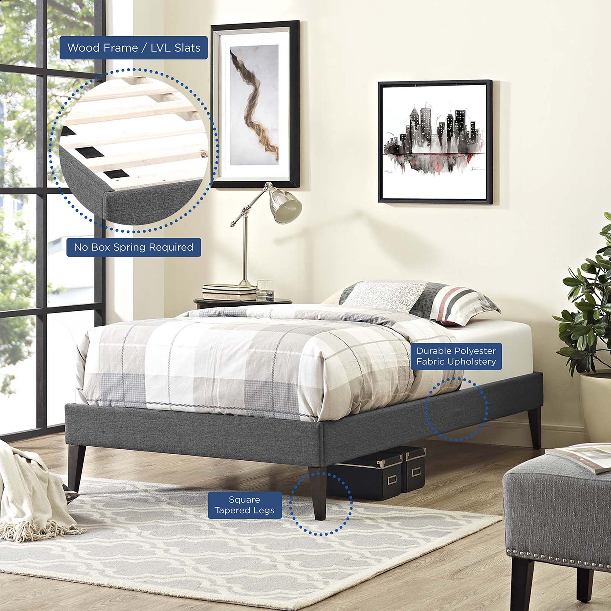 Tessie Fabric Twin Bed Frame with Squared Tapered Legs by Modway