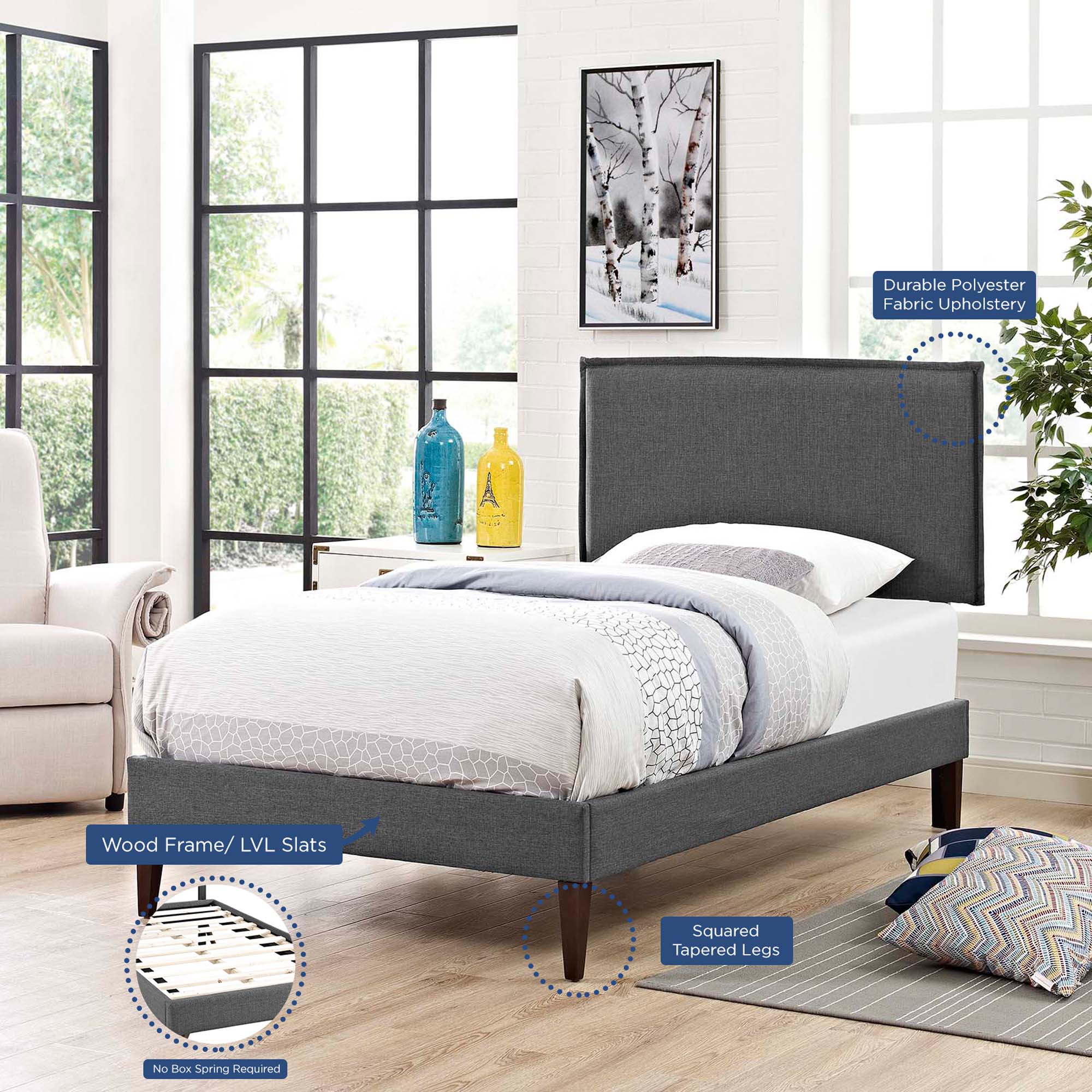 Amaris Fabric Twin Platform Bed with Squared Tapered Legs by Modway