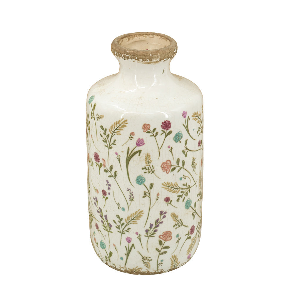 D5.3x10.6' Ceramic Cylinder Vase with Multi-Colored Floral Motifs