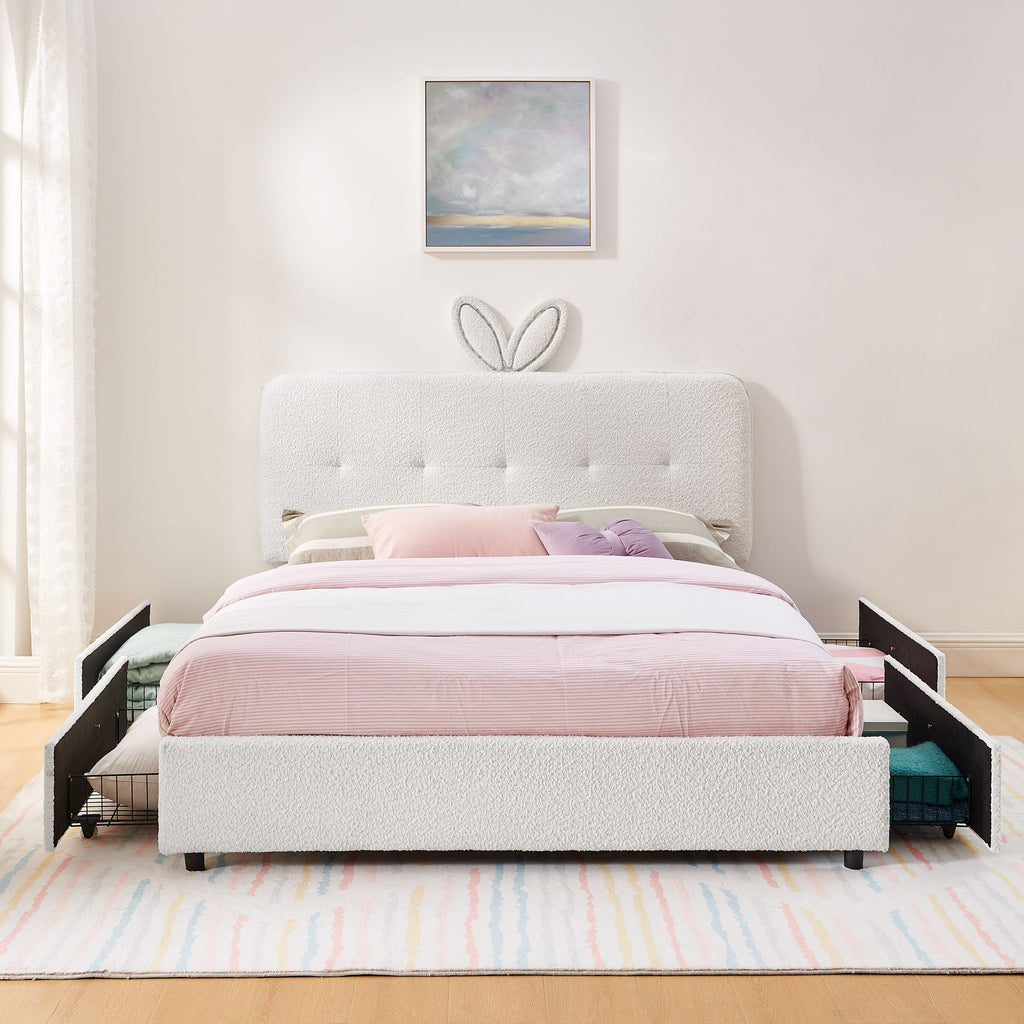 Upholstered Bed With Oversized Rabbit Ear Headboard, LED Lights & 4 Storage Drawers