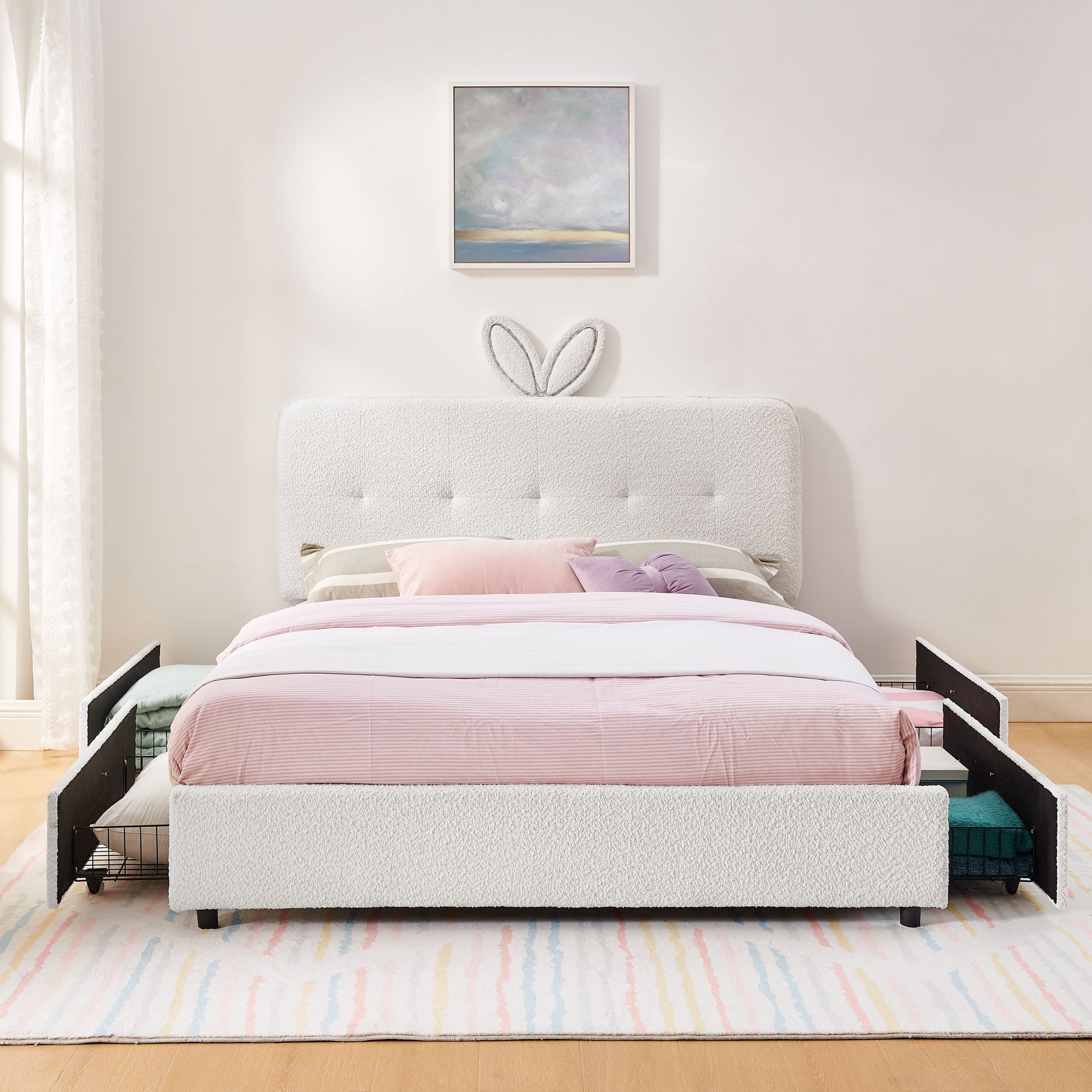 Upholstered Bed With Oversized Rabbit Ear Headboard, LED Lights & 4 Storage Drawers