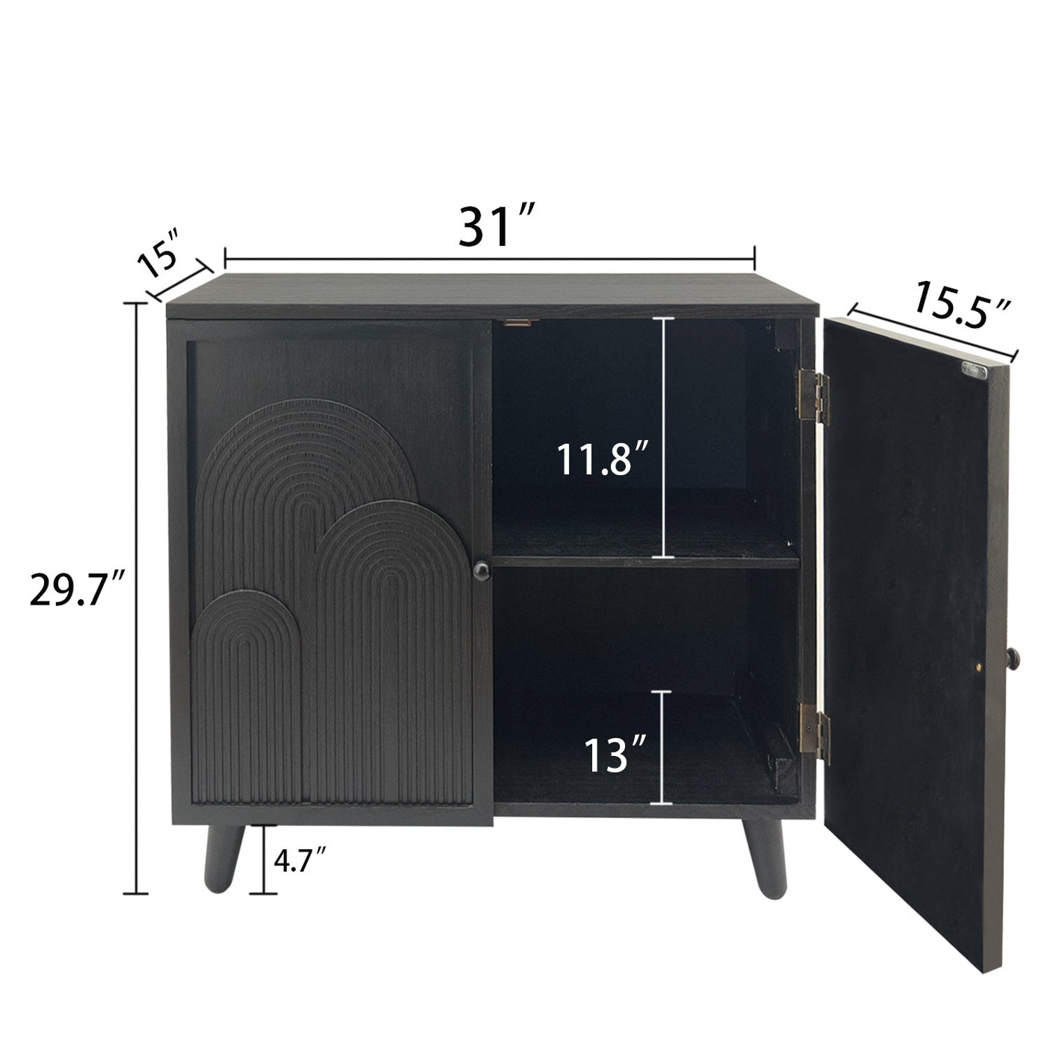 Modern Black Wood Storage Cabinet with Embossed Door