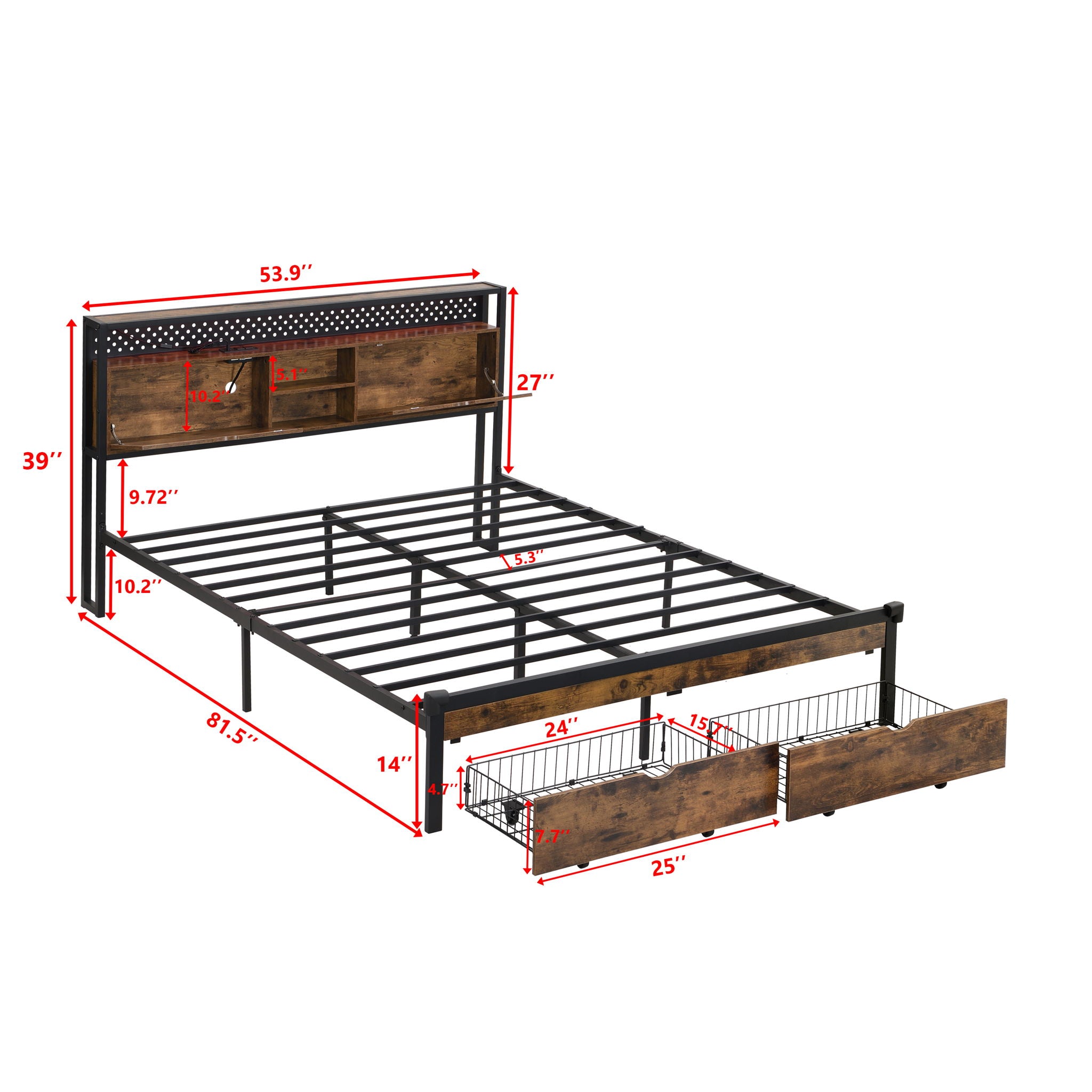 Modern Metal Platform Bed Frame with Wooden Headboard and Storage