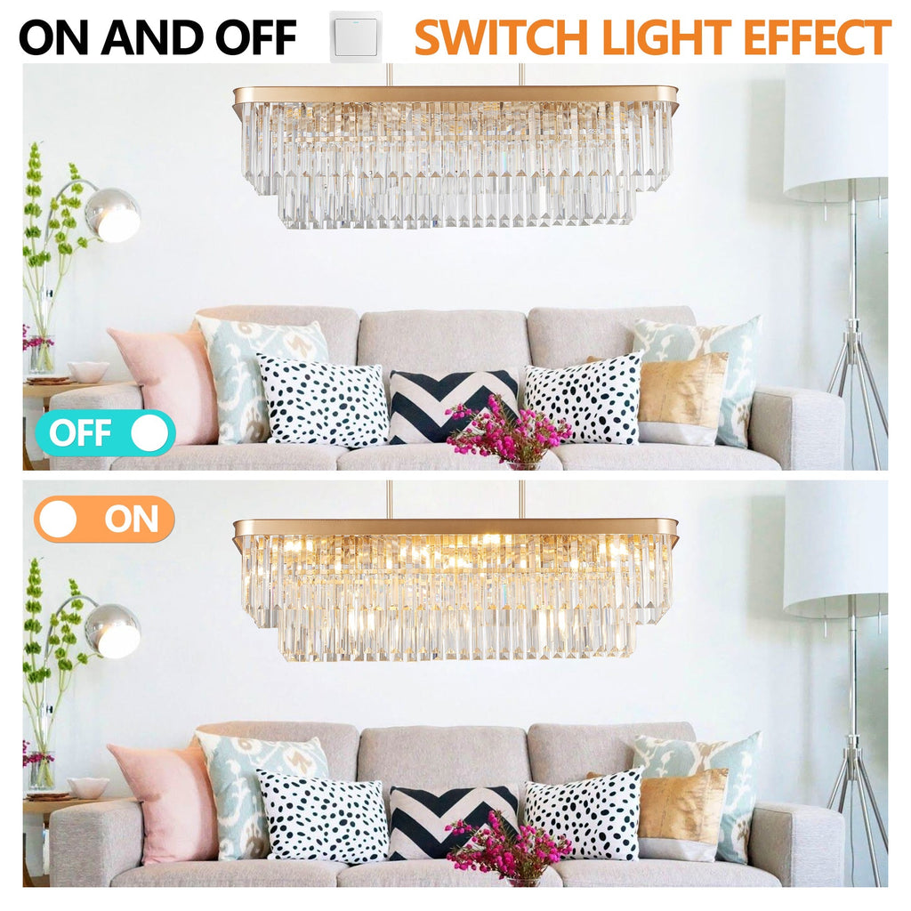 Rectangular Crystal Chandelier Adjustable Gold Iron Ceiling Light
