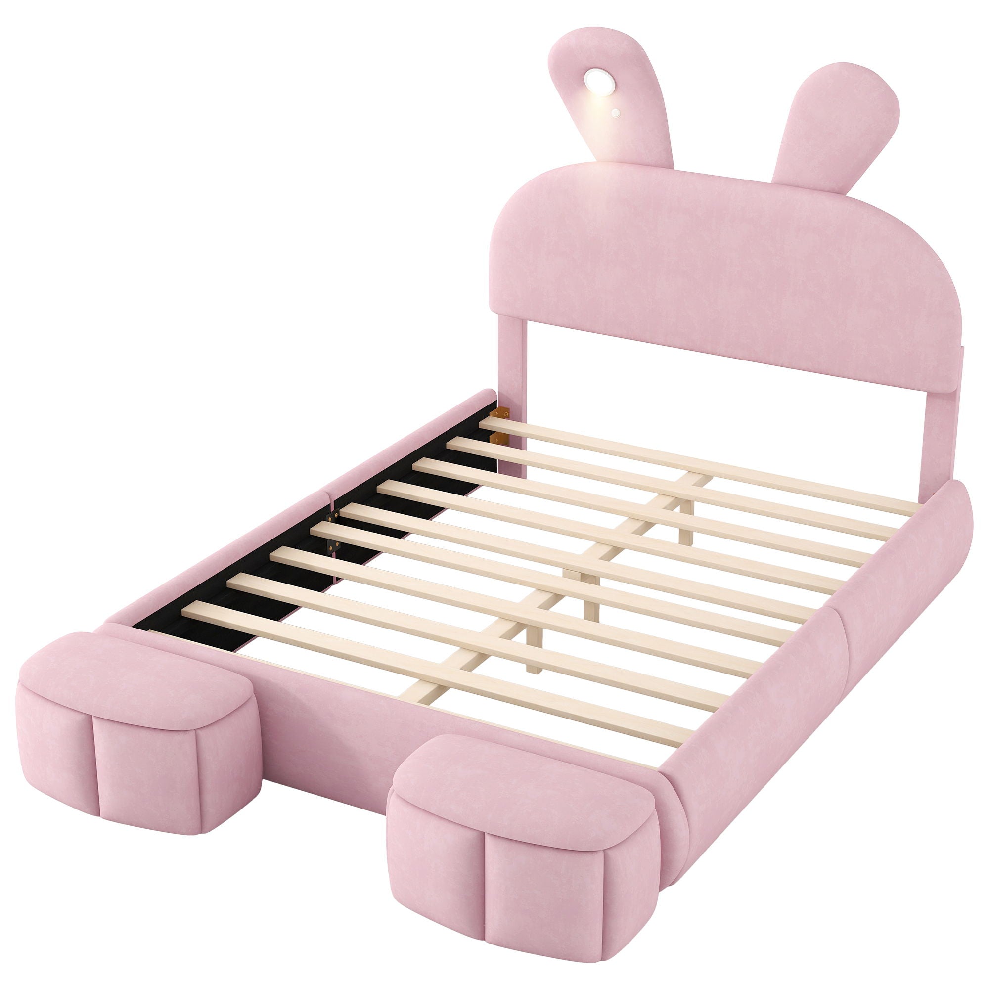 Full Upholstered Platform Bed With Cartoon Ears Headboard And LED Light - Pink