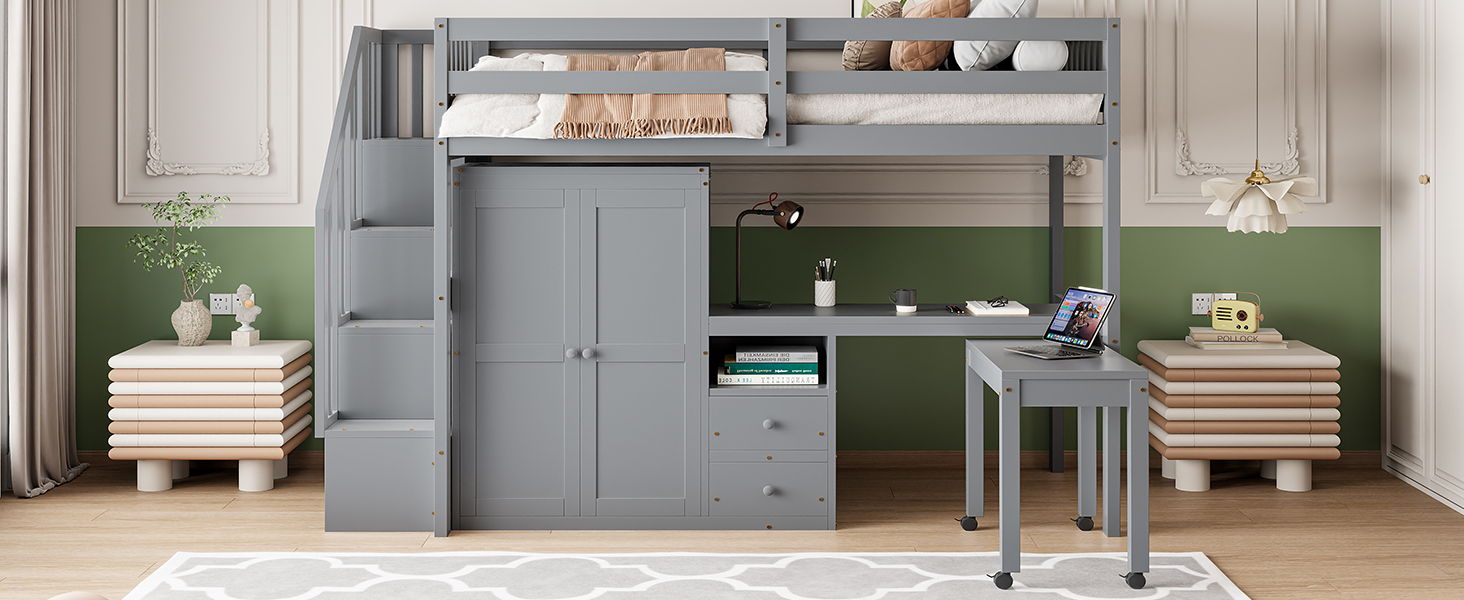 Loft Bed With Stairs, Bookshelf, Drawers, Desk & Wardrobe, Space Saving Multifunctional Furniture