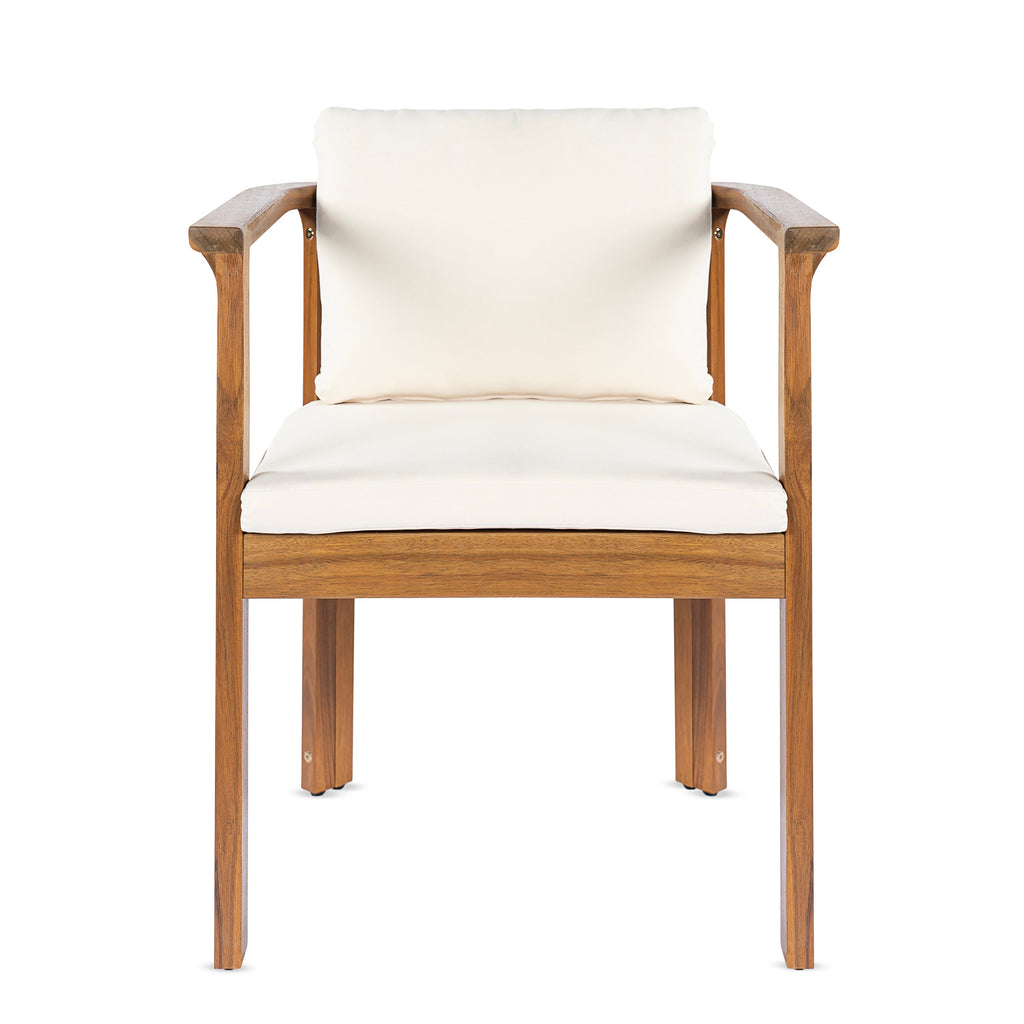 Outdoor Dining Chair Set of 4 with Curved Acacia Wood Arms and Cream Cushions